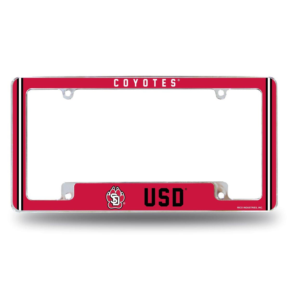 South Dakota Coyotes Chrome Metal License Plate Frame with Full Frame Team Color Graphics