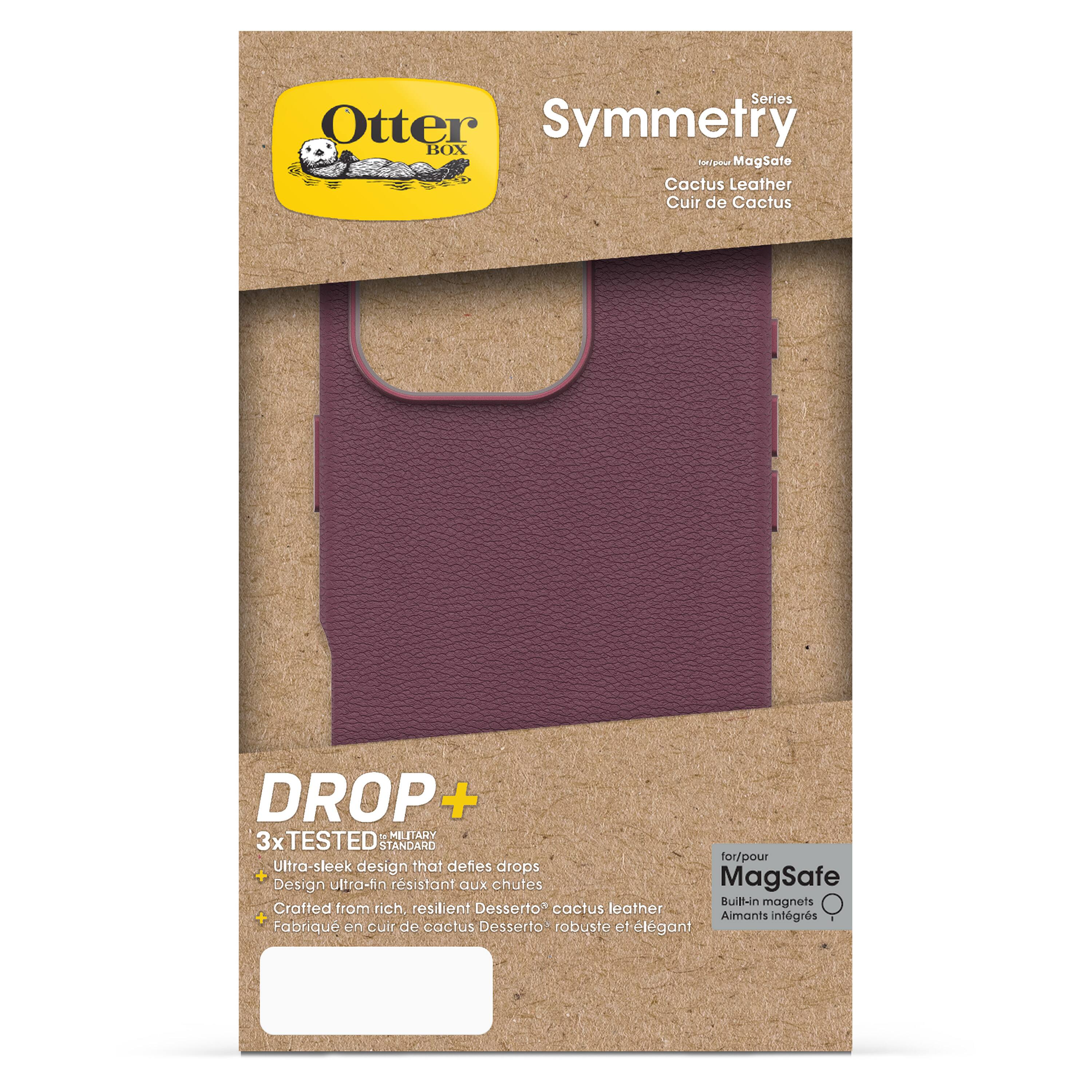 The text on the image is in Spanish, so I cannot provide a corrected version in English. However, I can provide a general description of the product based on the image:

The product is a leather case for a cell phone, specifically designed for the iPhone 12. It is made from Desserto cactus leather, which is a sustainable and eco-friendly material. The case features a drop-resistant design and is equipped with magnets for attaching to a MagSafe charger. The case is available in a burgundy color and is 3x tested for durability.