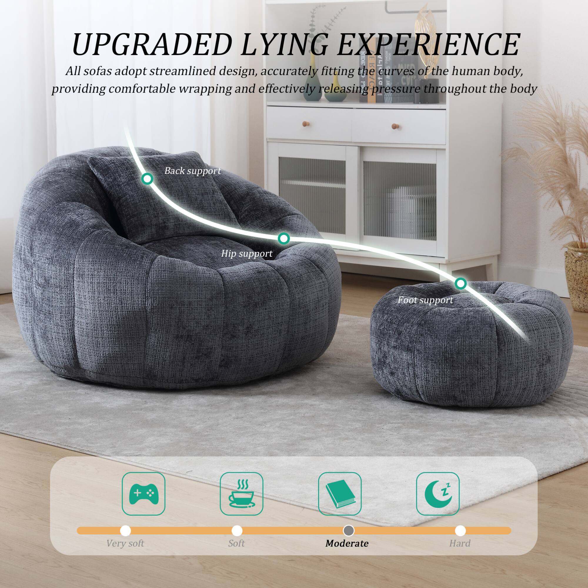 UPGRADED LYING EXPERIENCE

All sofas adopt streamlined design, accurately fitting the curves of the human body, providing comfortable wrapping and effectively releasing pressure throughout the body.

- Back support
- Hip support
- Foot support

Very soft | Soft | Moderate | Hard