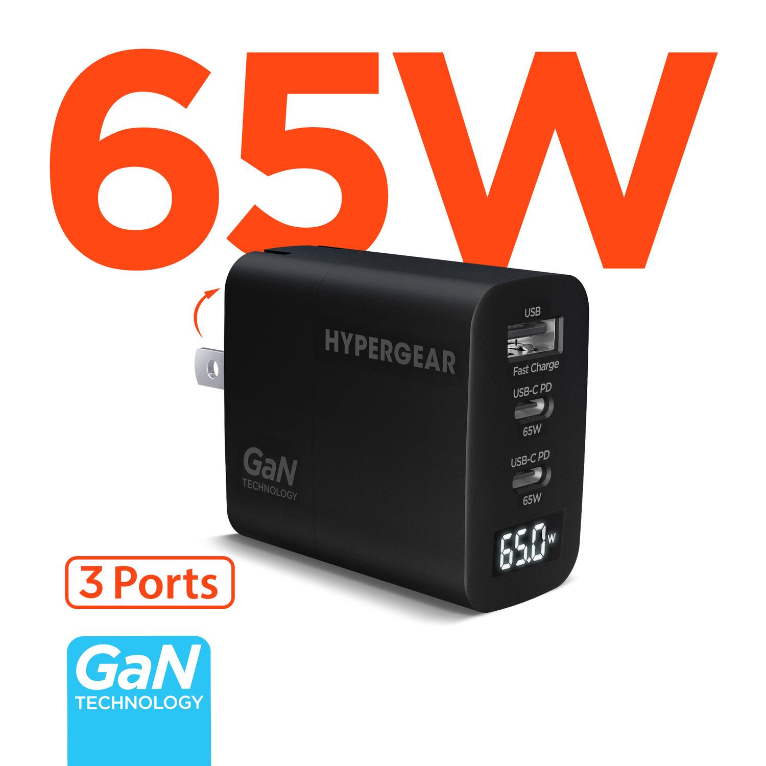 65W USB HYPERGEAR Fast Charge USB-C PD GaN TECHNOLOGY 3 Ports