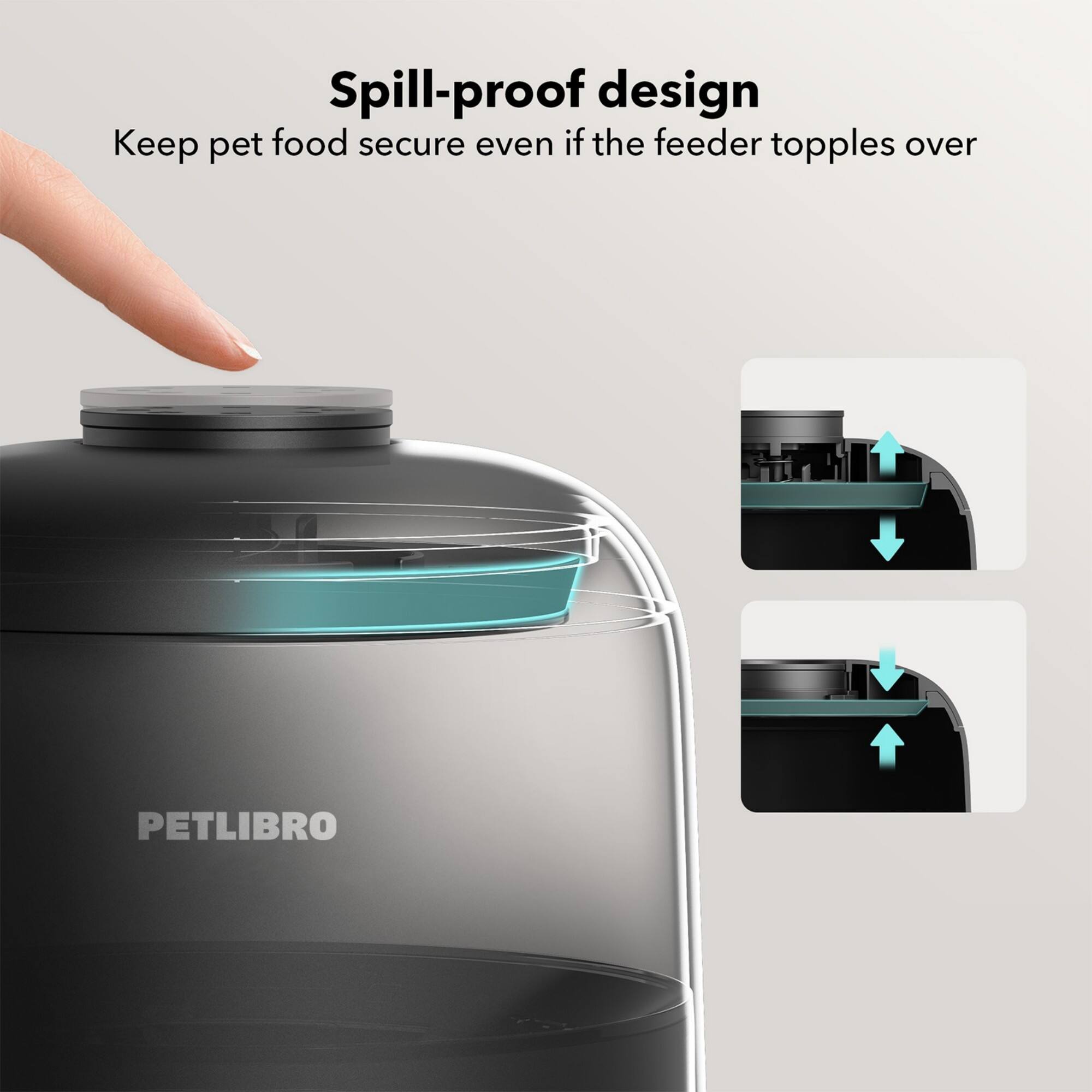 Spill-proof design: Keep pet food secure even if the feeder topples over. PETLIBRO.