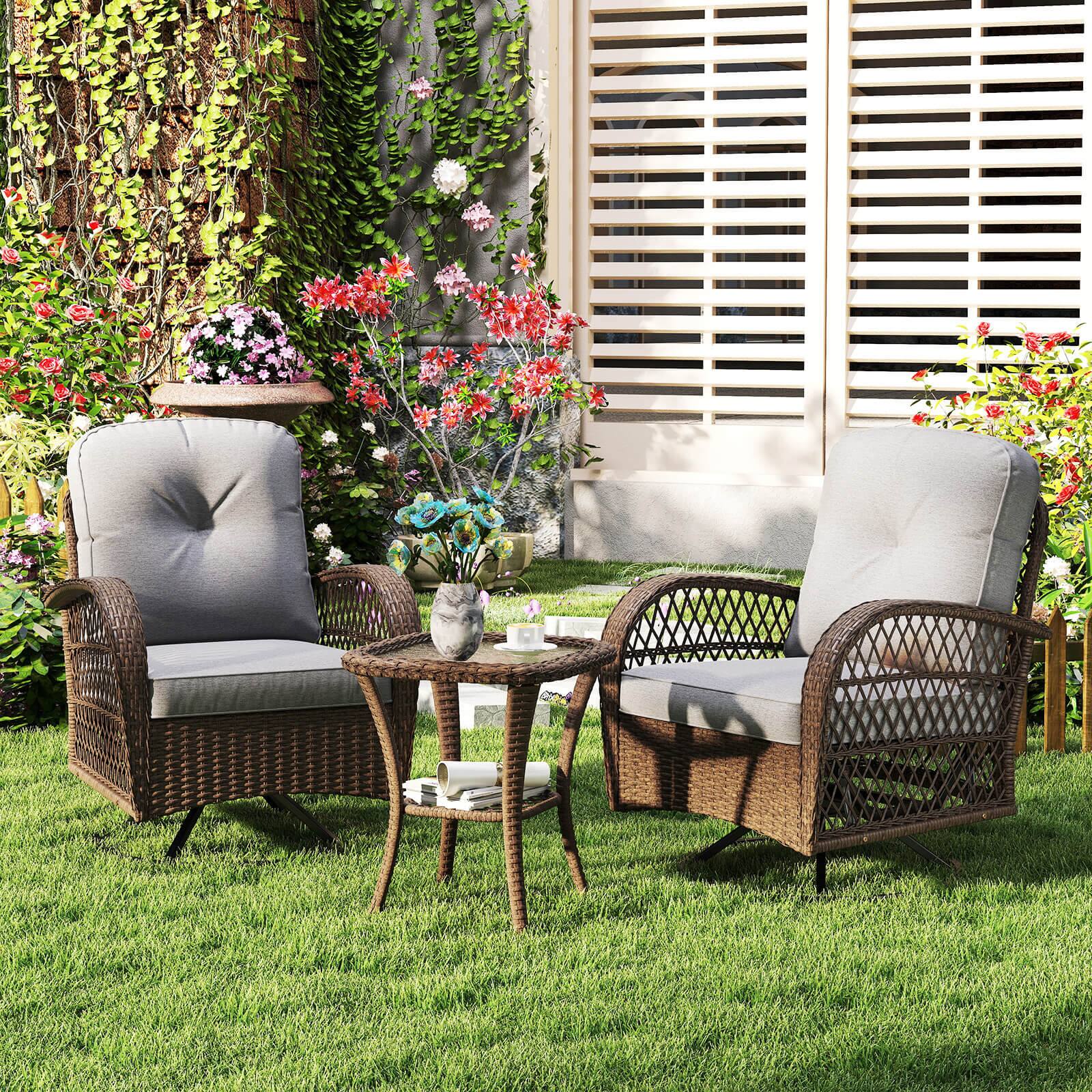 Alt View 3. Costway - Costway 3 PCS Patio Swivel Rocker Set Gliding Bistro Furniture Set with Tempered Glass Table - Gray.