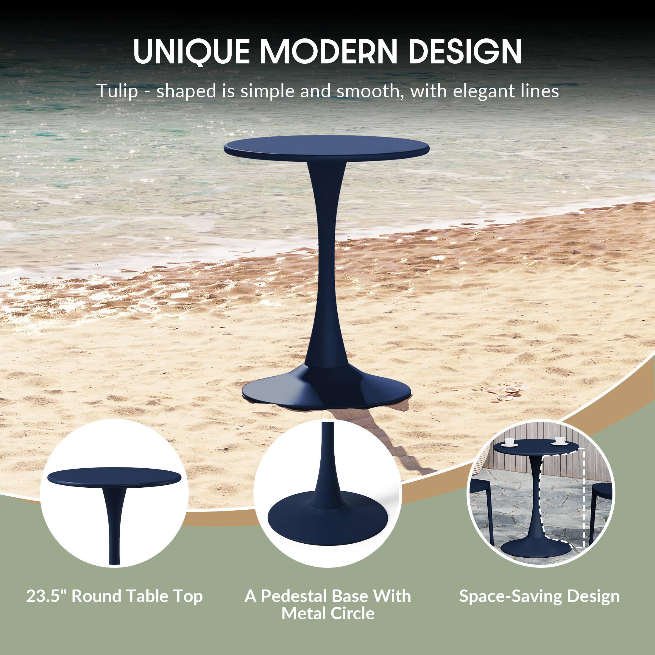 UNIQUE MODERN DESIGN  
Tulip-shaped is simple and smooth, with elegant lines  

1. 23.5" Round Table Top  
2. A Pedestal Base With Metal Circle  
3. Space-Saving Design