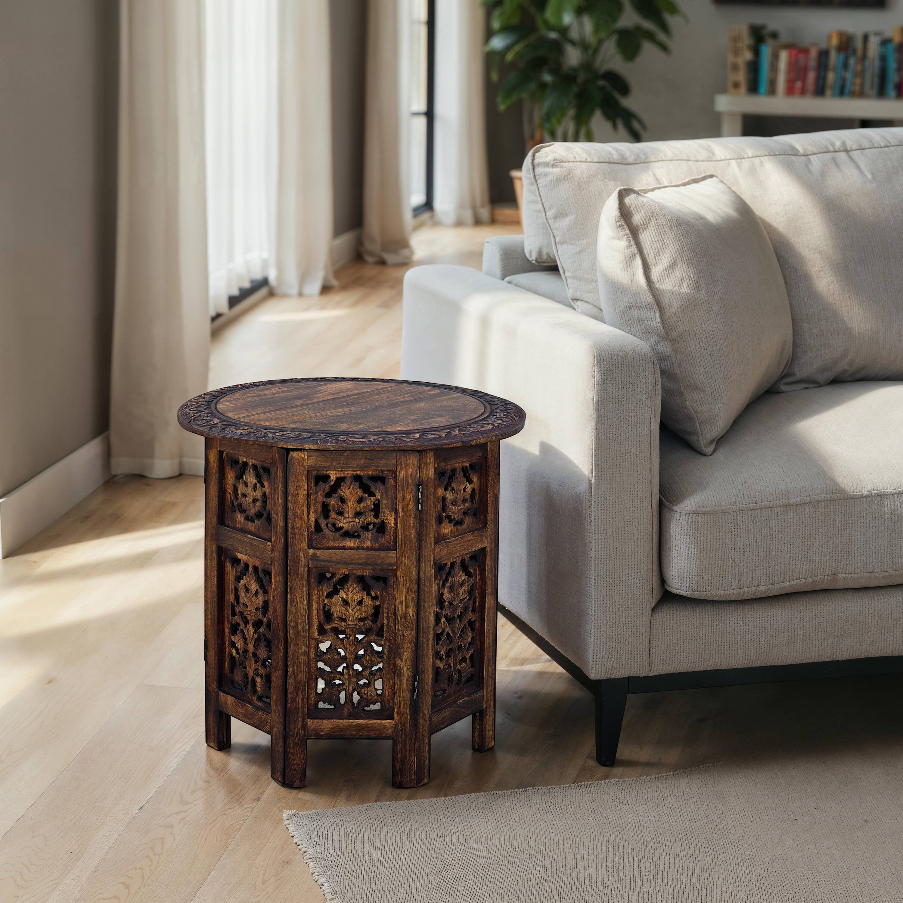 Alt View 7. Manhattan Lane - 18 Inch Mango Wood Folding Accent Table, Hand Carved - Brown.