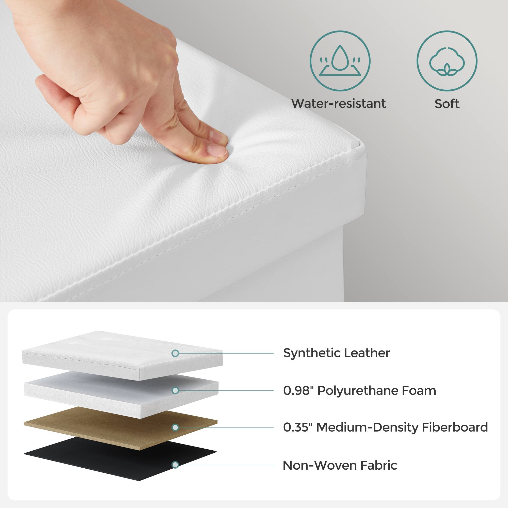 Water-resistant Soft Synthetic Leather  
0.98" Polyurethane Foam  
0.35" Medium-Density Fiberboard  
Non-Woven Fabric