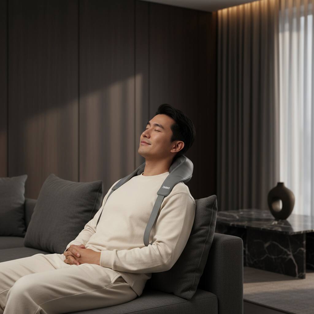 Alt View 2. BREO - Neck Massager, Shoulder Opening Deep Tissue with Far-Infrared Heat, 6 Modes, APP & Voice Control, Lightweight, Full-Body - Grey.