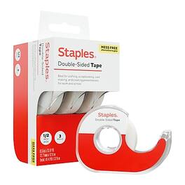 Staples - Double-Sided Tape with Dispenser, 1/2" x 13.8 yds., 3/Pack - Red/White