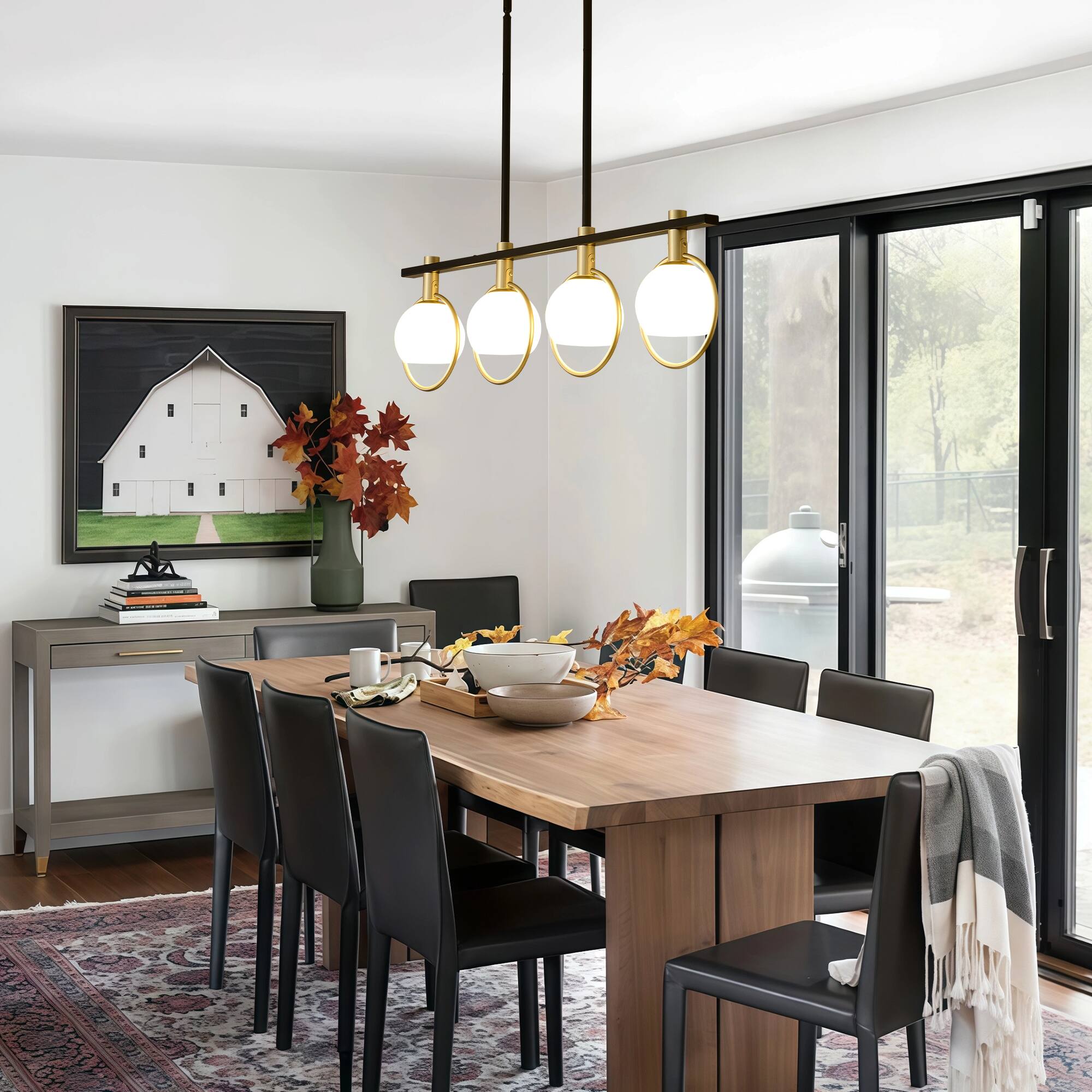 Alt View 1. RYHNUYNE - 4-Light Dining Room Light Fixture,Gold Kitchen Island Lighting with Milk Glass Shade, Linear Chandeliers for Kitchen Din - Black.