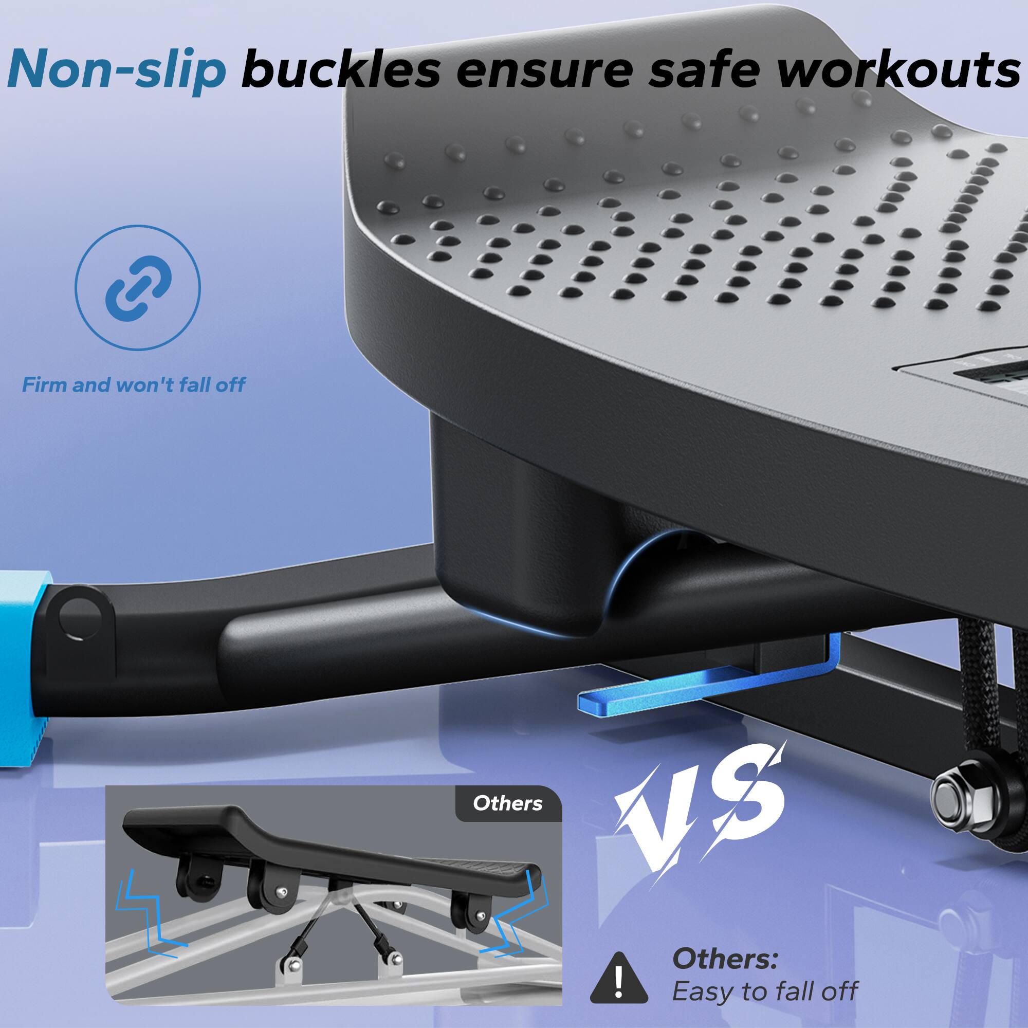 Non-slip buckles ensure safe workouts

Firm and won't fall off

Others: Easy to fall off