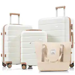 BreeBe - Luggage Sets 4 Piece, ABS Durable Suitcase with Travel Bag, ABS Hard Shell Luggage with Spinner Wheels - Ivory+Gold