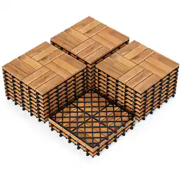 Costway - 12" x 12" Acacia Wood Interlocking Deck Tiles, 54 PCS Waterproof Flooring Tiles - Natural