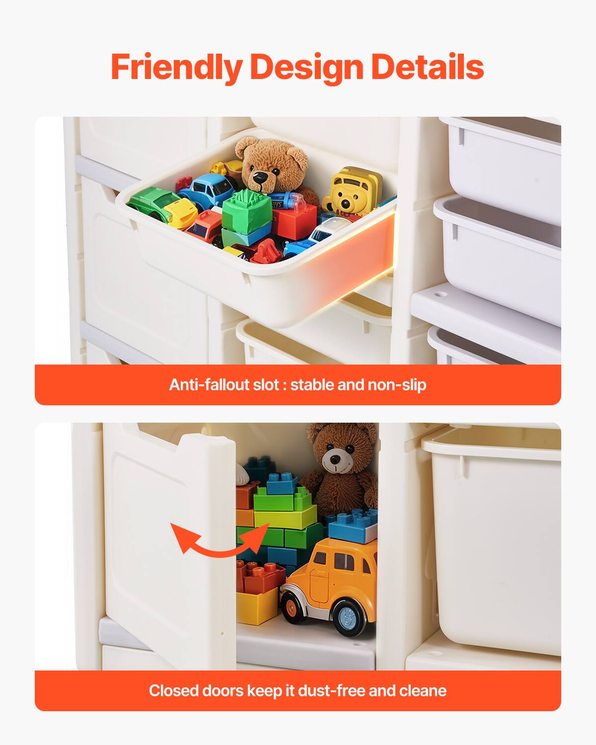 Friendly Design Details

- Anti-fallout slot: stable and non-slip
- Closed doors keep it dust-free and clean