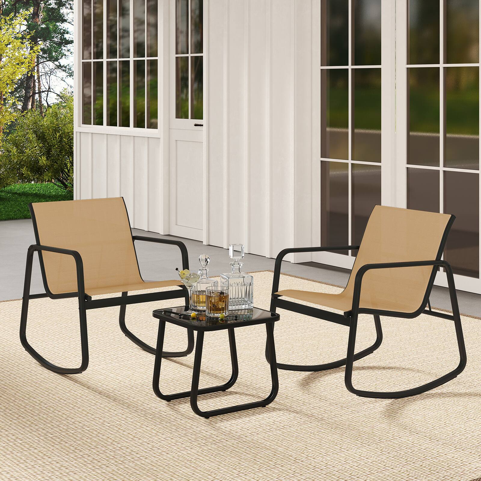 Alt View 3. Costway - Costway 3 Piece Patio Rocking Set 2 Rocking Bistro Chairs & Glass-Top Table for Porch - Black & Brown.