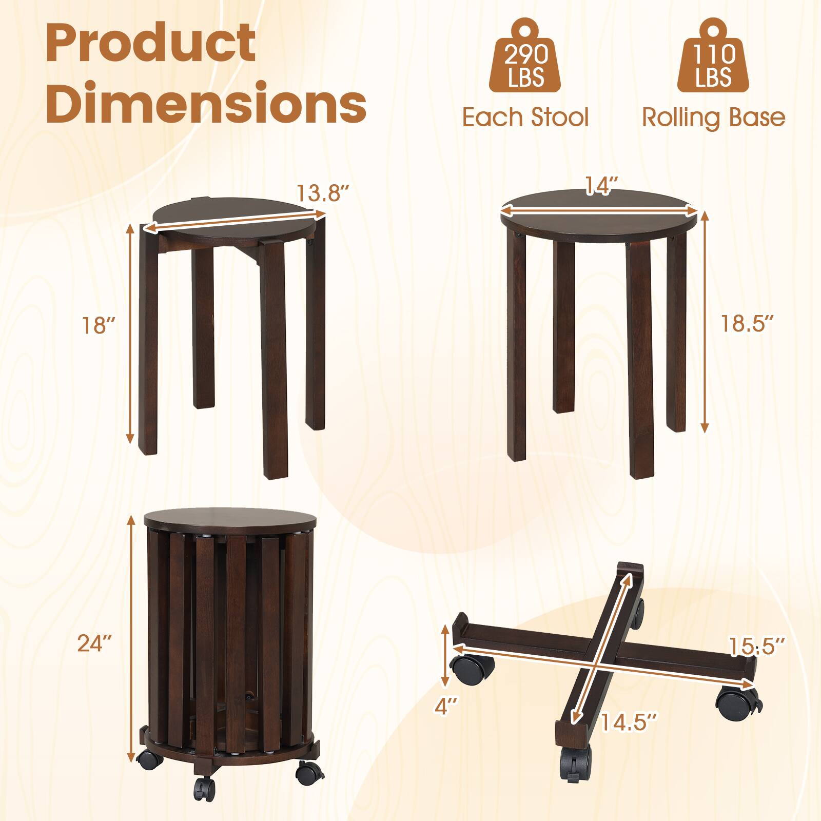 Product Dimensions

Each Stool: 13.8" x 14" x 18"  
Rolling Base: 18.5" x 24" x 15.5" x 14.5" x 4"  

Weight Capacity:  
Each Stool: 110 LBS  
Total Product: 290 LBS