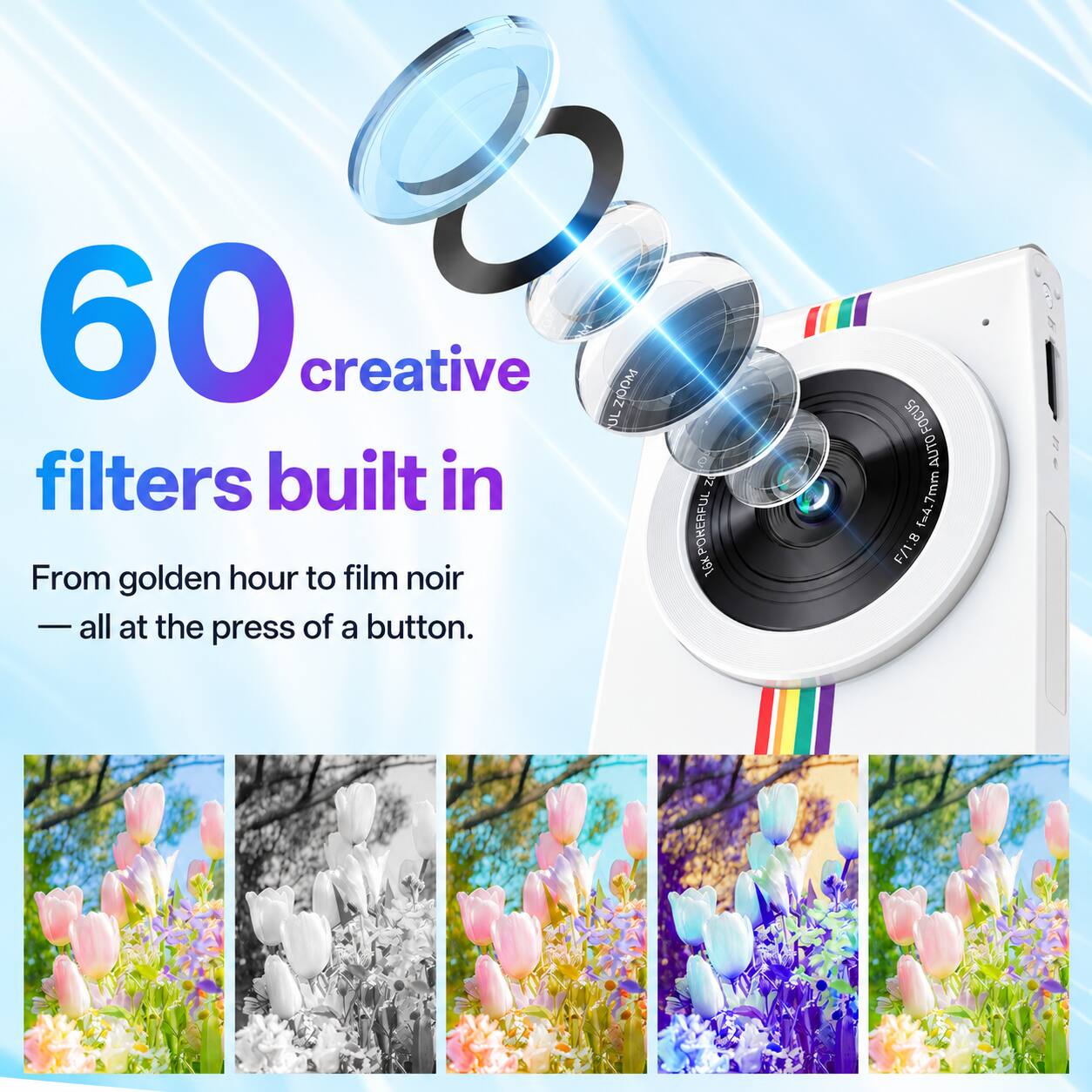 60 creative filters built in  
From golden hour to film noir - all at the press of a button.  

UL PVOIZ  
N POKERFUL 16K  
FOCUS AUTO 7mm 1-4 F/1.8
