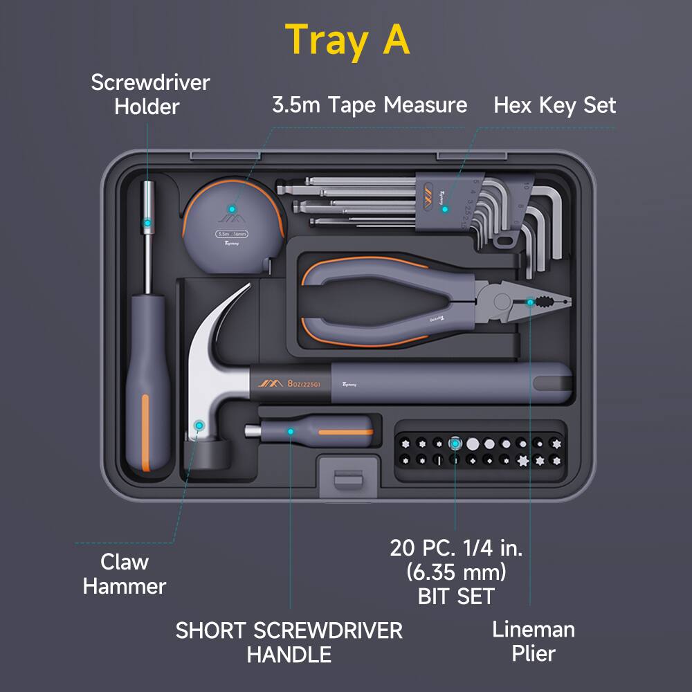 Tray A

- Screwdriver Holder
- 3.5m Tape Measure
- Hex Key Set
- Claw Hammer
- Short Screwdriver Handle
- 20 PC. 1/4 in. (6.35 mm) Bit Set
- Lineman Plier