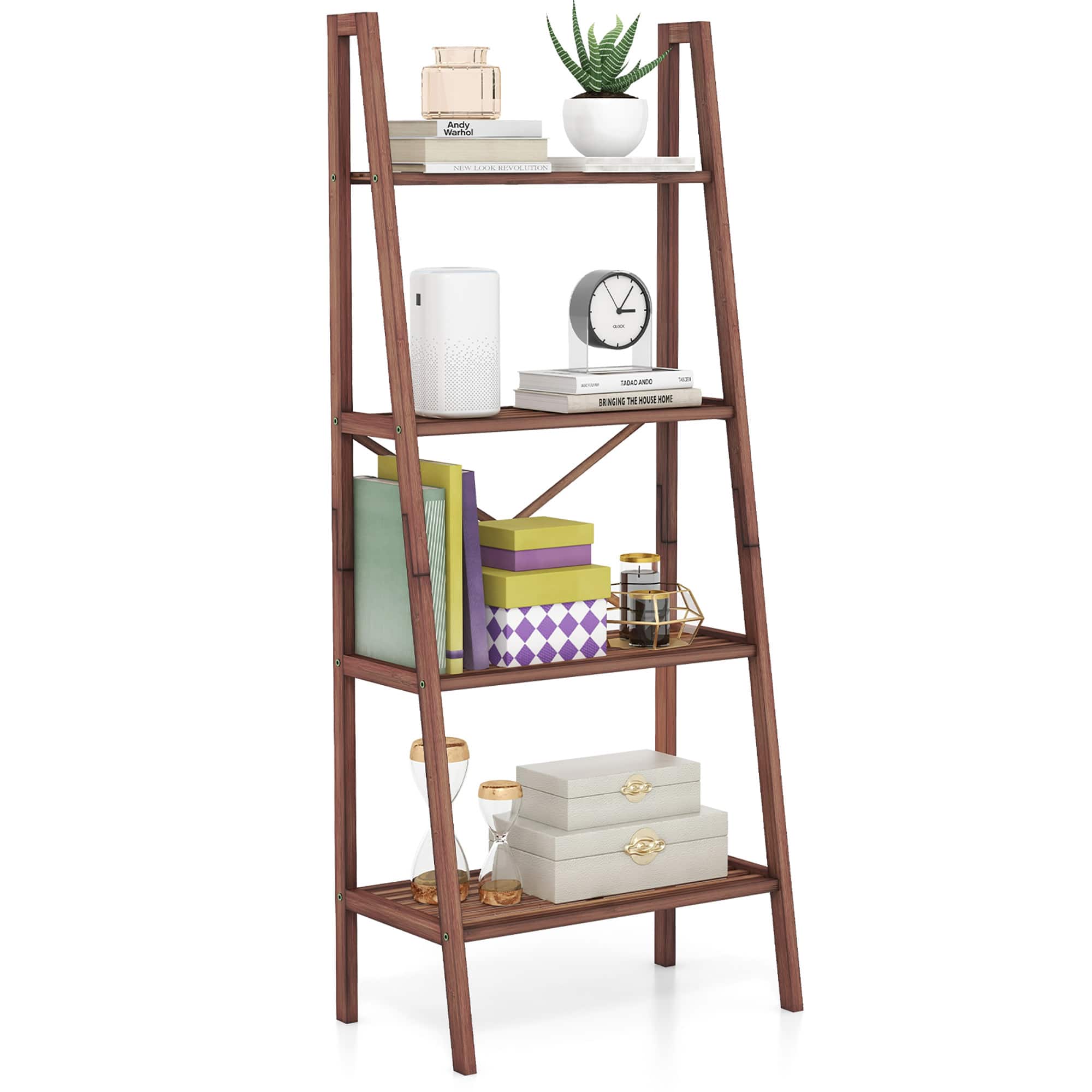 Gymax - 4-Tier Bamboo Ladder Bookshelf 58'' Display Shelf Storage Rack Plant Flower Stand - Walnut