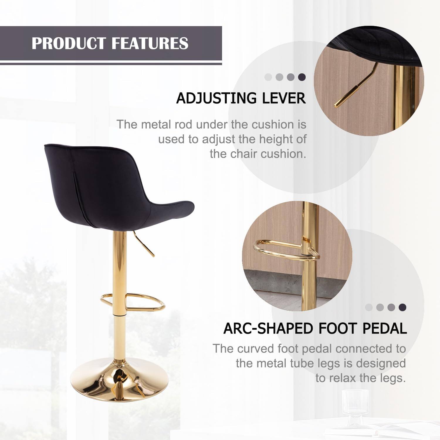 PRODUCT FEATURES

ADJUSTING LEVER  
The metal rod under the cushion is used to adjust the height of the chair cushion.

ARC-SHAPED FOOT PEDAL  
The curved foot pedal connected to the metal tube legs is designed to relax the legs.