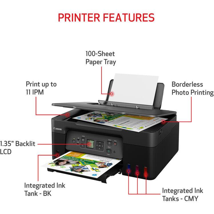 PRINTER FEATURES

- 100-Sheet Paper Tray
- Print up to 11 IPM
- Borderless Photo Printing
- 1.35" Backlit LCD
- Integrated Ink Tank - BK
- Integrated Ink Tanks - CMY