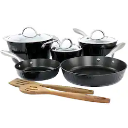 Kenmore - Logan 10 Piece Aluminum Nonstick Cookware Set with Wood Utensils - Black