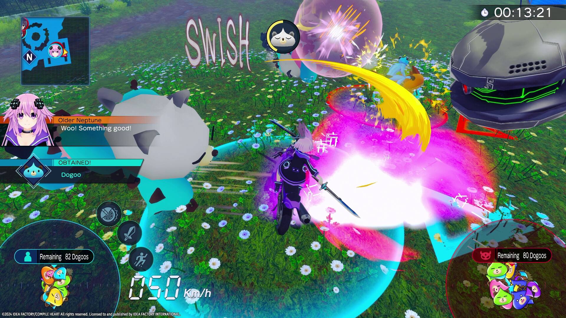 N SWISH 00:13:21 Older Neptune Woo! Something good! OBTAINED! Dogoo Remaining 82 Dogoos 050 Km/h 2024 DEA FACTORY/COMPILE HEART All rights reserved. Licensed to and published by DEA FACTORY INTERNATIONAL Remaining 80 Dogoos