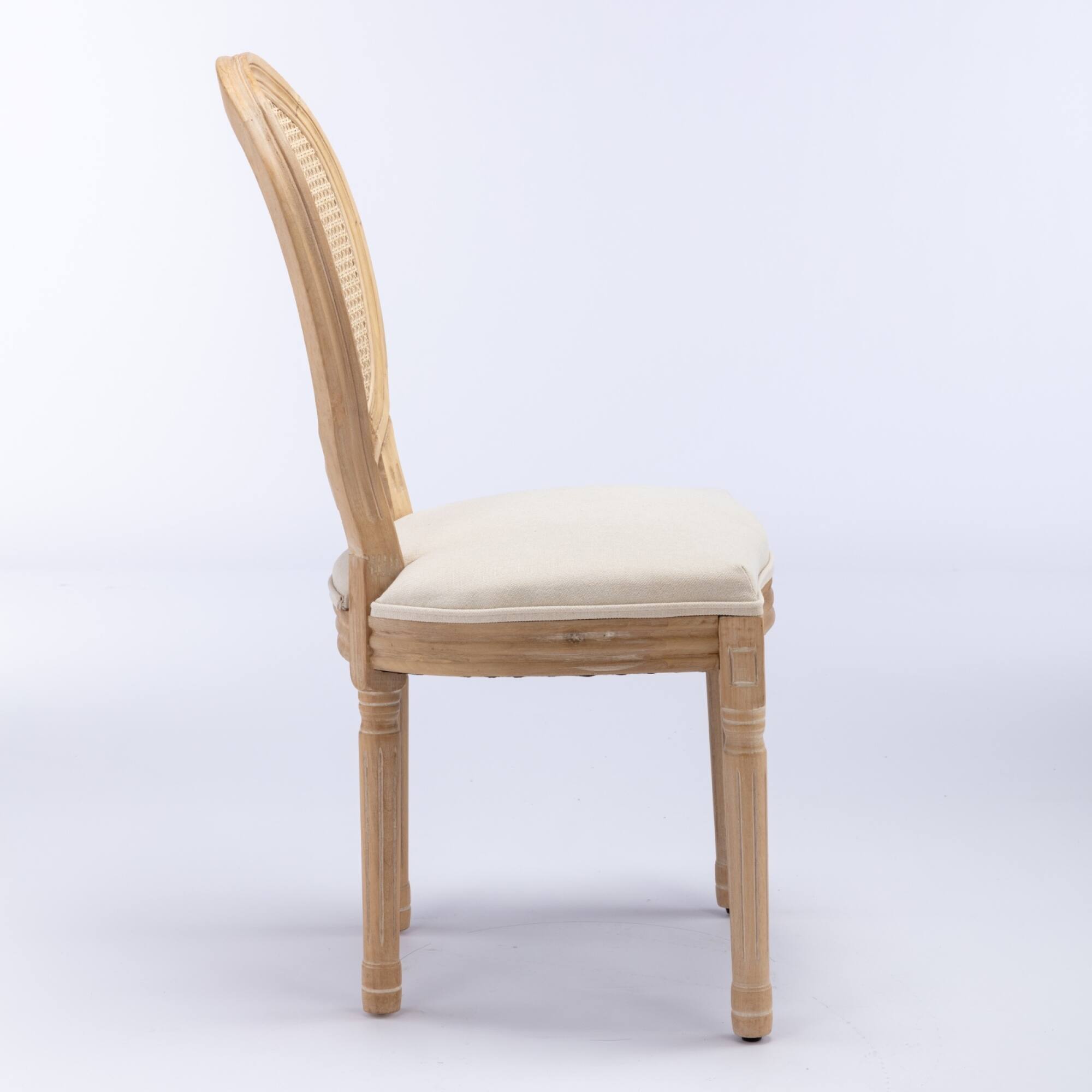 Back. GOODSILO - French Style Solid Wood Dining Chairs with Linen Upholstery and Rattan Backrest, Set of 2 - Beige.
