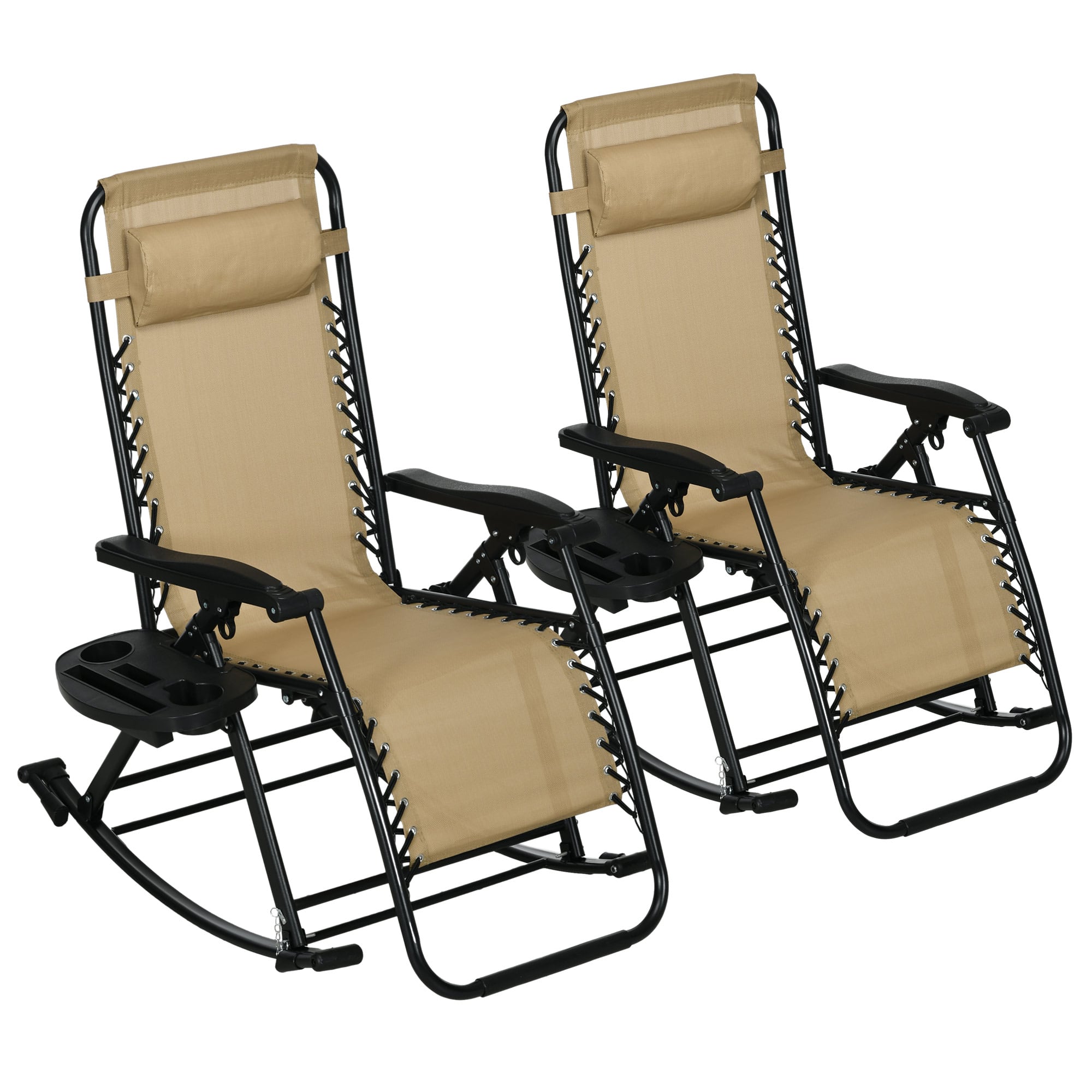 Outsunny - Outdoor Rocking Chairs Foldable Reclining Zero Gravity Lounge Rockers w/ Pillow Cup & Phone Holder - Beige