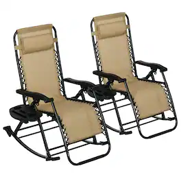 Outsunny - Outdoor Rocking Chairs Foldable Reclining Zero Gravity Lounge Rockers w/ Pillow Cup & Phone Holder - Beige