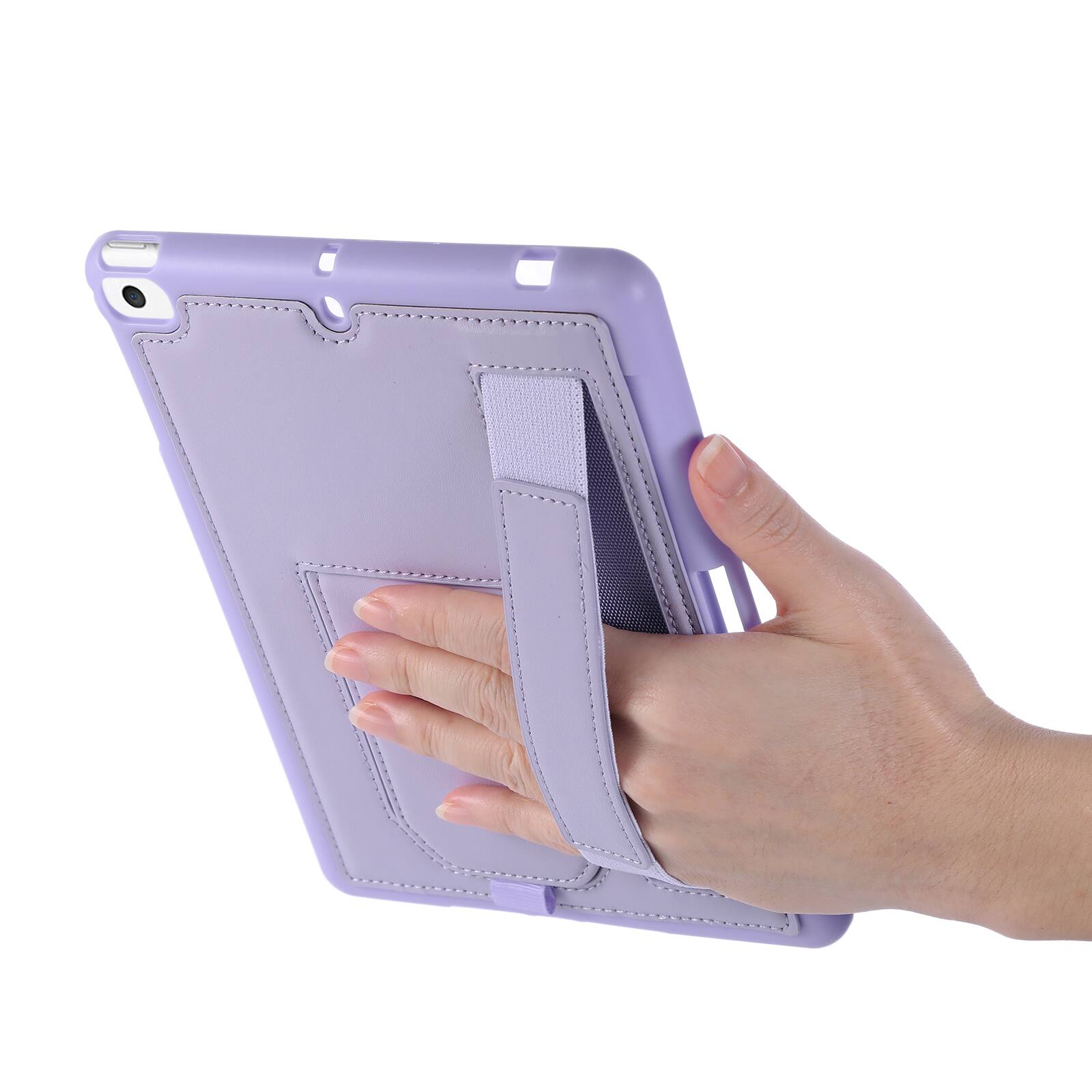 Back. Dteck - Shockproof Case for Apple iPad mini (5th Generation) 2019 with Hand Strap and Kickstand, PU Leather TPU Protective Cover - Purple.