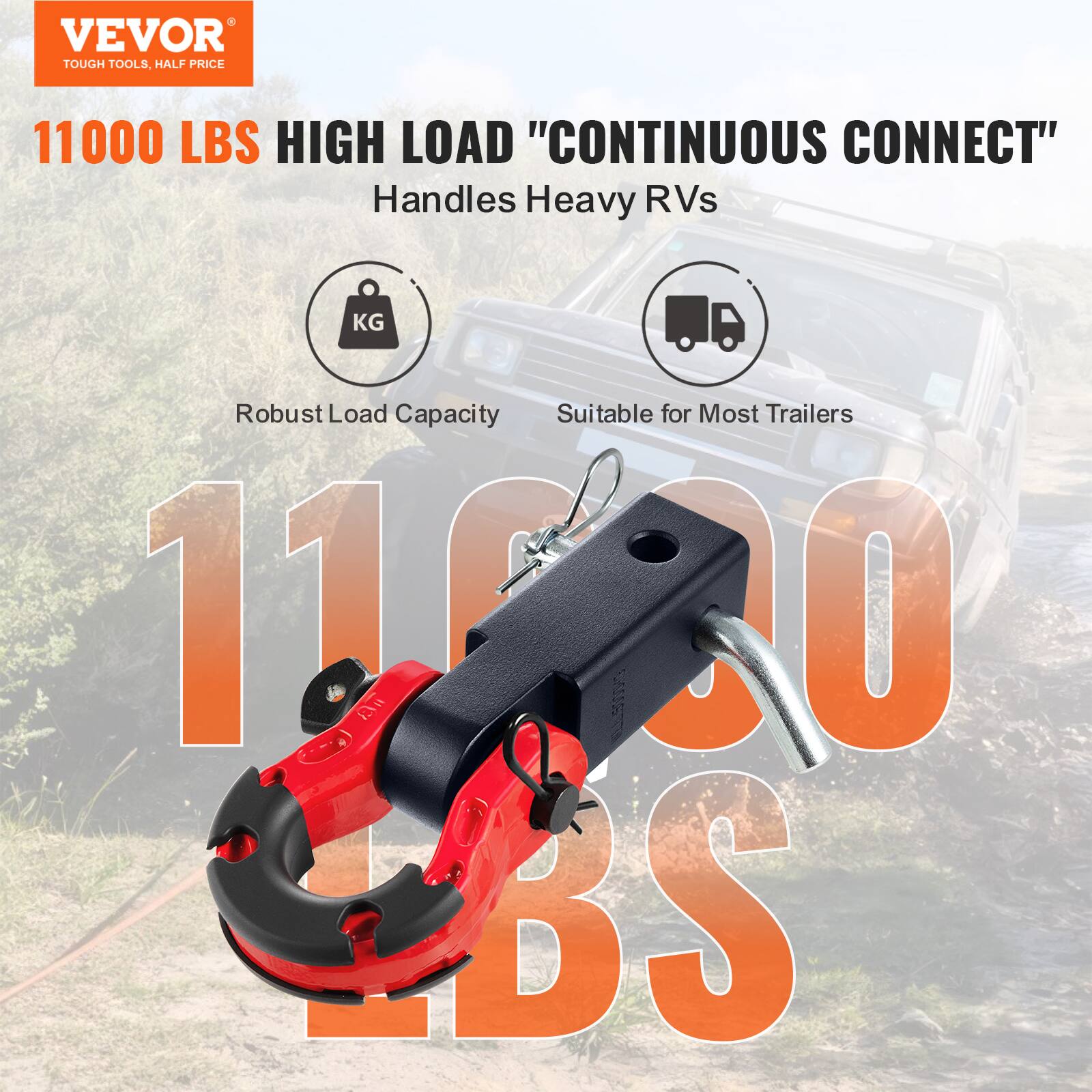 VEVOR  
TOUGH TOOLS, HALF PRICE  

11000 LBS HIGH LOAD "CONTINUOUS CONNECT"  
Handles Heavy RVs  

Robust Load Capacity  
Suitable for Most Trailers  

11000 LBS