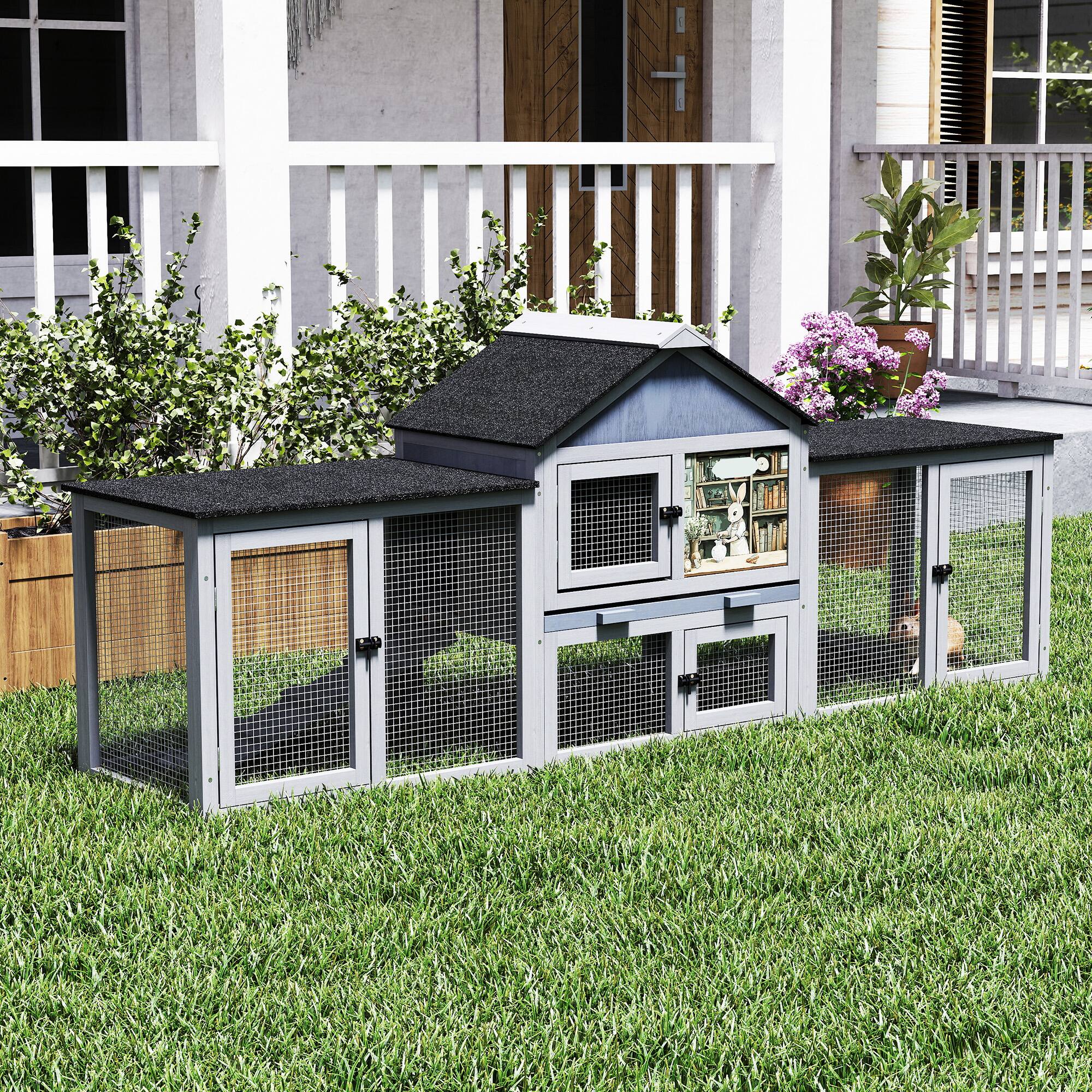 Angle. Boyel Living - Gray Main Body with Black Asphalt Roof 82 Extra Large Wooden Rabbit Hutch Indoor Outdoor Bunny Cage with Waterproof R - Gray.