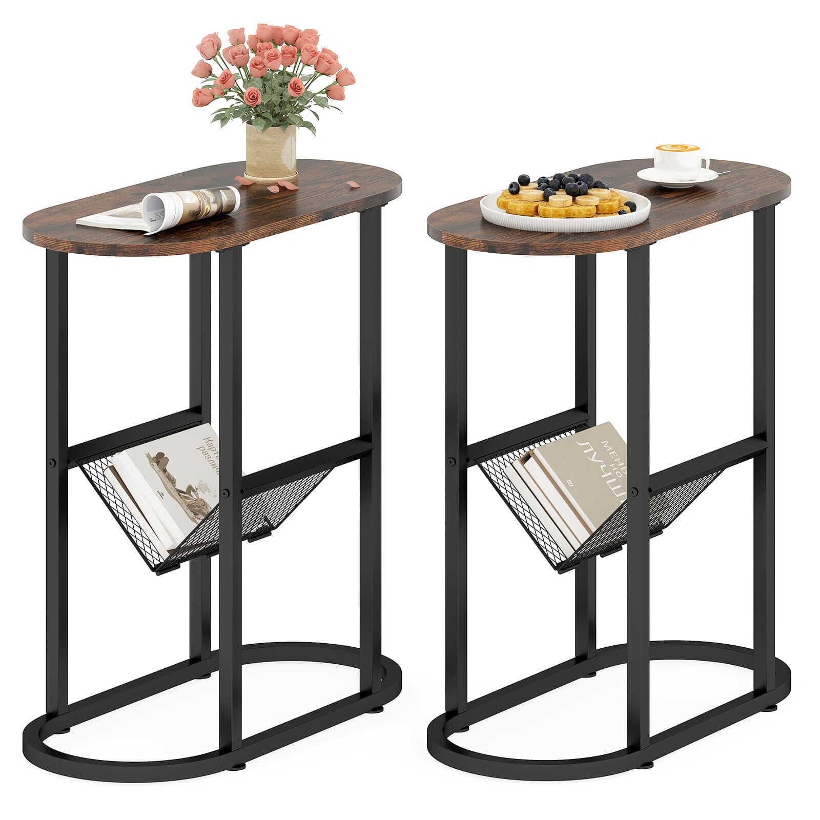 Costway - 2 PCS 2-tier Side Table Oval Narrow End Table Nightstand Bedside Table - Brown