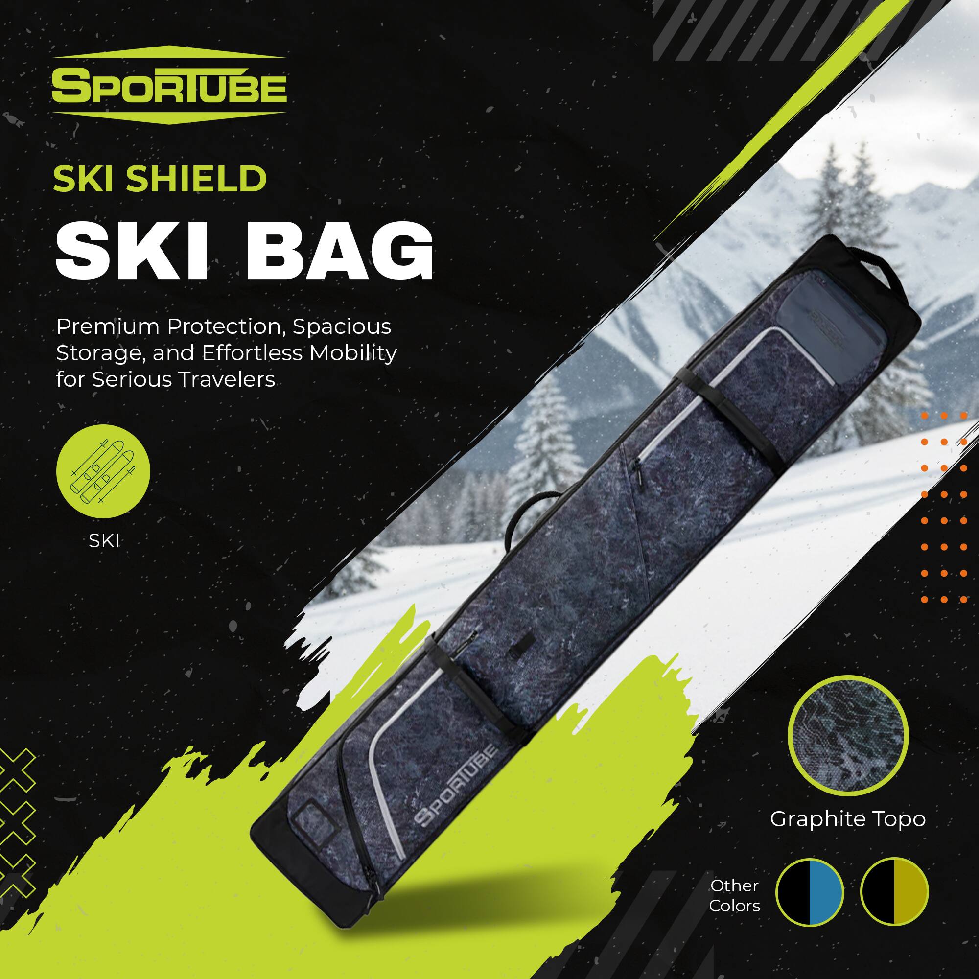 SPORTUBE SKI SHIELD SKI BAG  
Premium Protection, Spacious Storage, and Effortless Mobility for Serious Travelers  
SKI  
Graphite Topo  
Other Colors