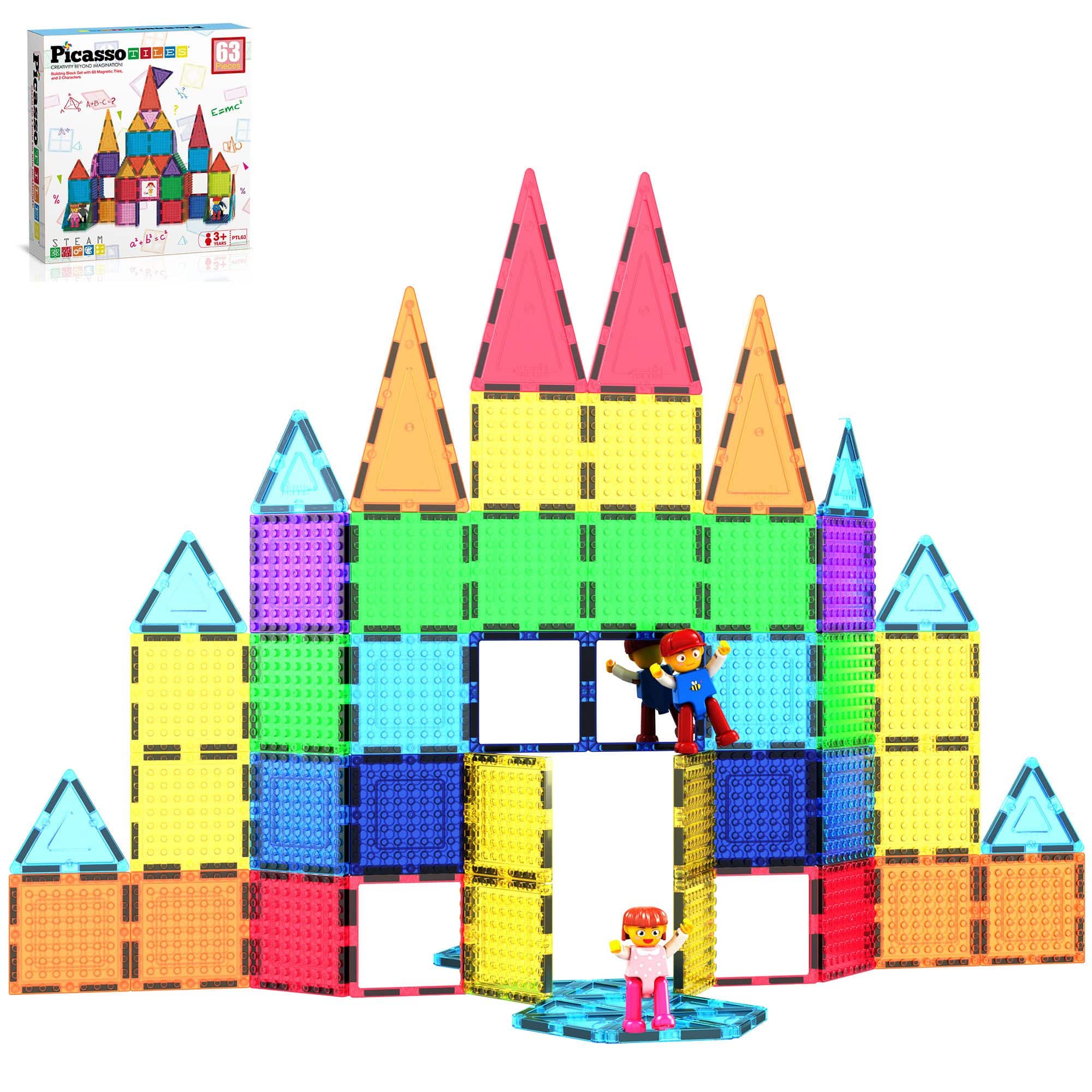 PicassoTiles - 63 PC Magnetic Tiles and Brick Compatible, Classic Brick, Brick Building Block Set