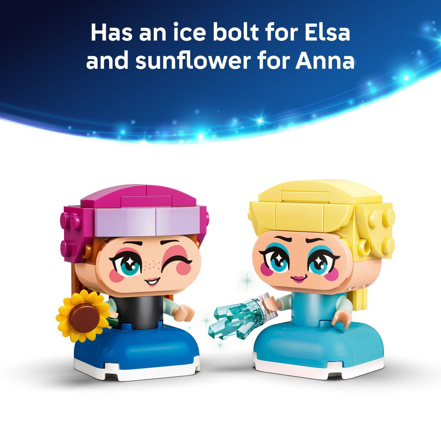 Has an ice bolt for Elsa and sunflower for Anna