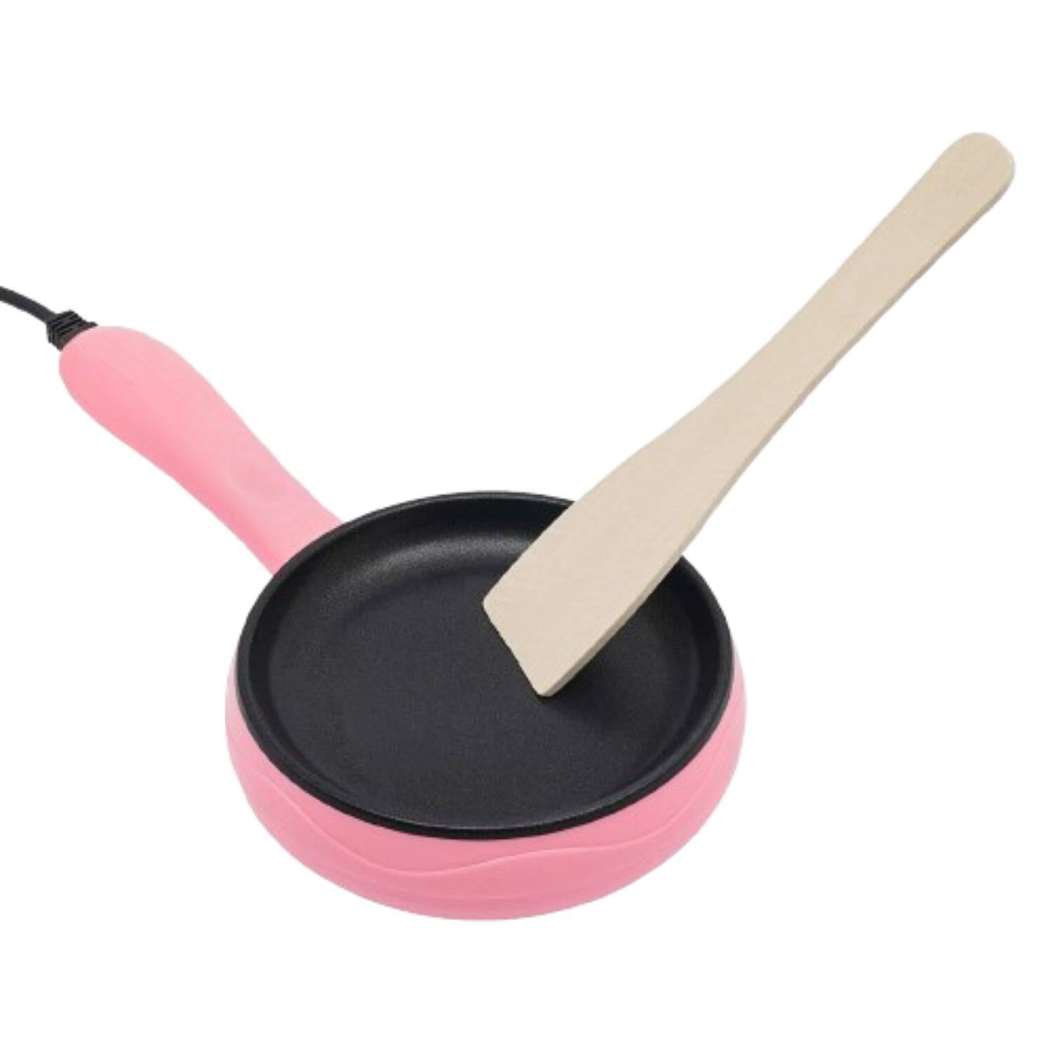 Angle. Home Collection - 450W Round Mini Electric Skillet – Pink Non-Stick Frying Pan with Wooden Spatula, Compact Countertop Cooker - Pink.