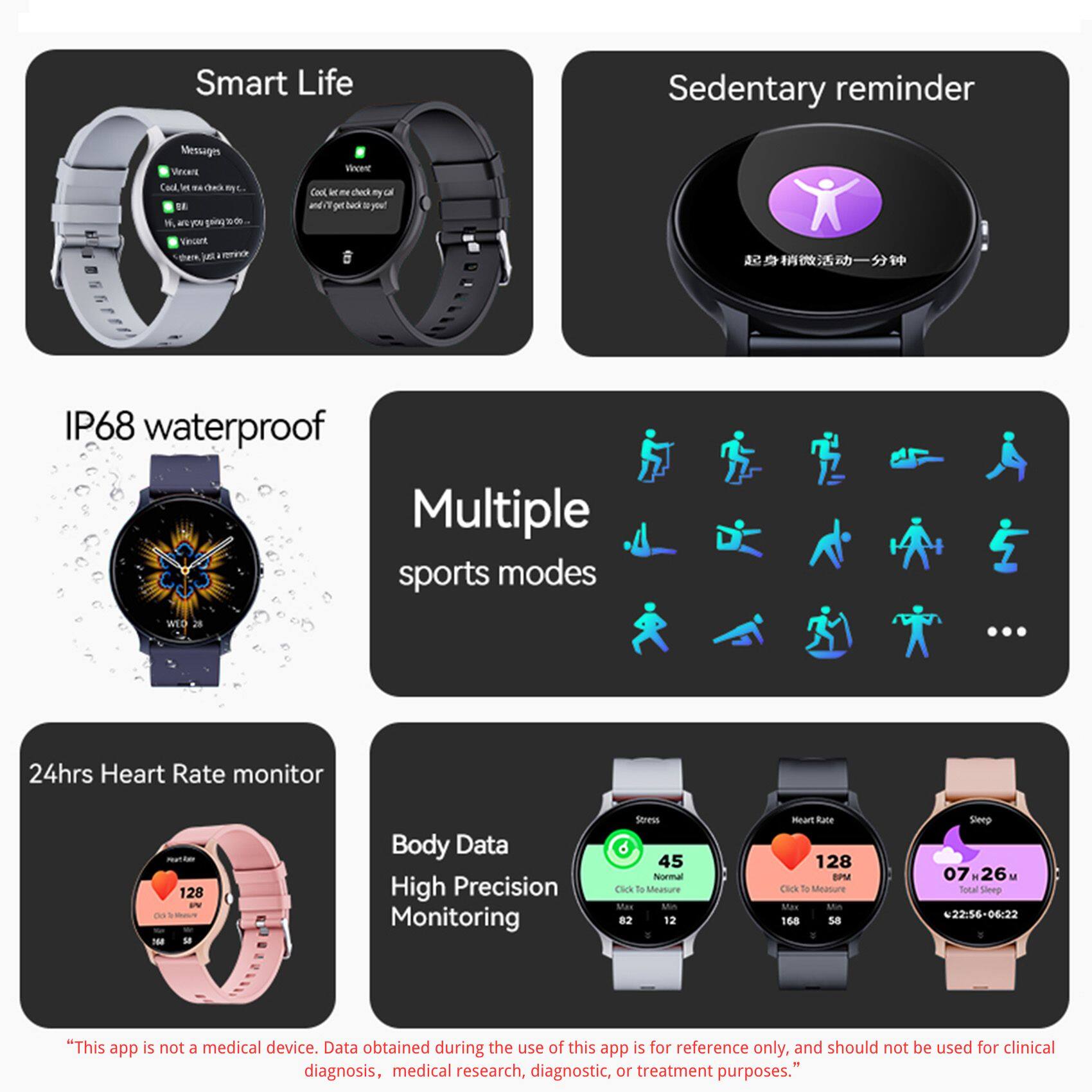 Sure, here is the corrected and grouped text from the image:

---

**Smart Life**

- Messages
  - "Good, let's check your car and get back to you!"
  - "You are going to do it!"

- Sedentary reminder
  - "起身稍微活动一分钟" (Get up and move for a minute)

**IP68 waterproof**

**Multiple sports modes**

**24hrs Heart Rate monitor**

**Body Data**
- High Precision Monitoring

**Stress**
- Normal
- Click to Measure
- 82 BPM
- 12

**Heart Rate**
- 128 BPM
- 168 BPM
- 58 BPM

**Sleep**
- 07:26 M
- Total Sleep
- 22:56-06:22

"This app is not a medical device. Data obtained during the use of this app is for reference only, and should not be used for clinical diagnosis, medical research, diagnostic, or treatment purposes."

---