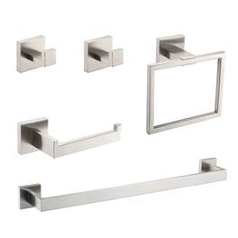 JUJABU - 5-Piece Bathroom Set Towel Bar + Ring + Hooks + TP Holder - Brushed Nickel