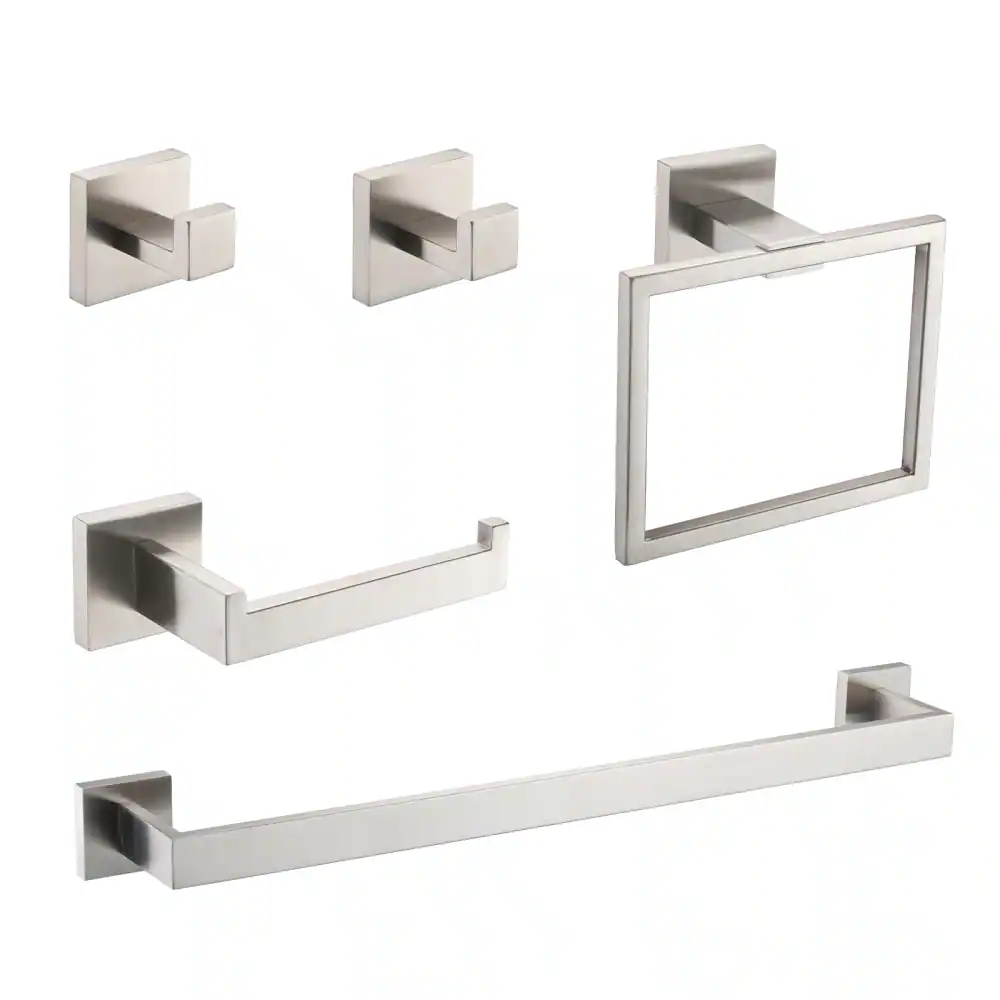 Front. JUJABU - 5-Piece Bathroom Set Towel Bar + Ring + Hooks + TP Holder, Brushed Nickel - Brushed Nickel.