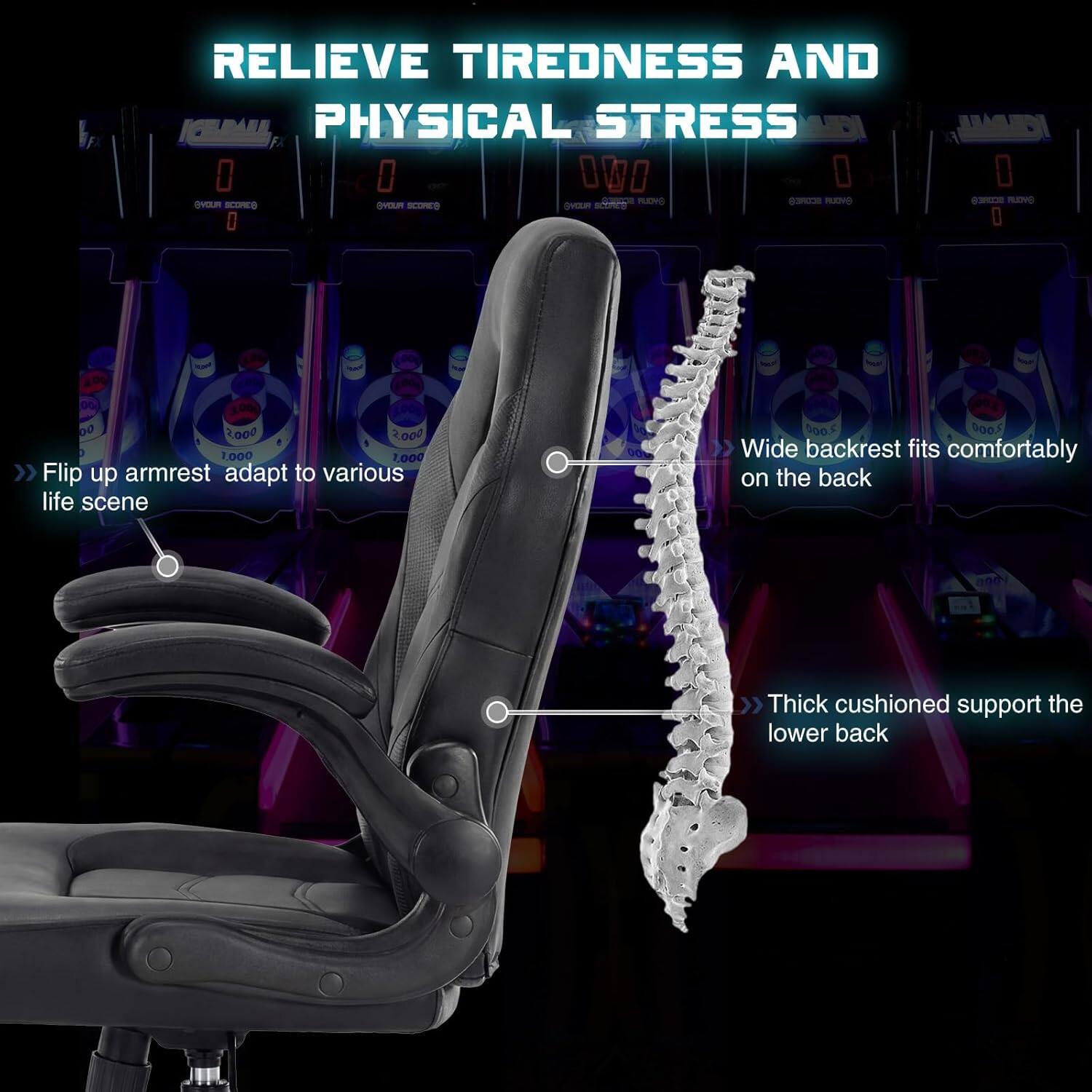 RELIEVE TIREDNESS AND PHYSICAL STRESS

- Flip up armrest adapt to various life scene
- Wide backrest fits comfortably on the back
- Thick cushioned support the lower back
