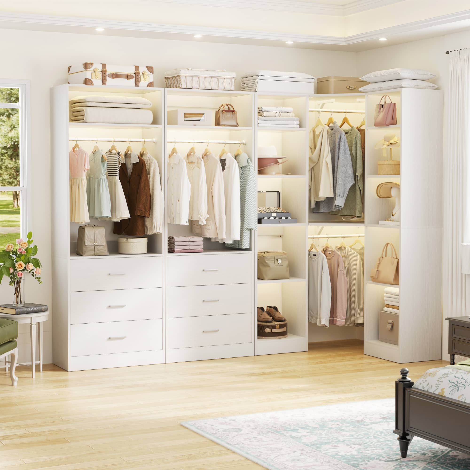 Aheaplus - Reversible L Shaped Corner Walk-in Closet System - 6 Drawers, 20+ Shelves, 4 Hanging Rods, 2500+LBS Load,63.2"L-87.2"L - White