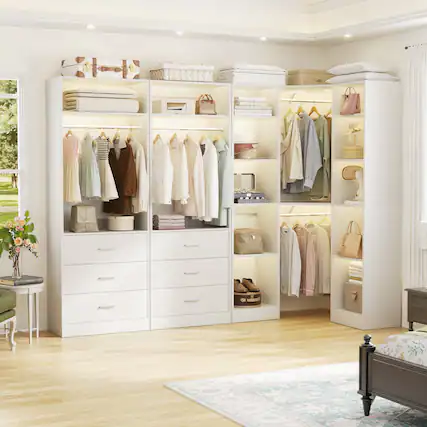Front. Aheaplus - Reversible L Shaped Corner Walk-in Closet System - 6 Drawers, 20+ Shelves, 4 Hanging Rods, 2500+LBS Load,63.2"L-87.2"L. - White.