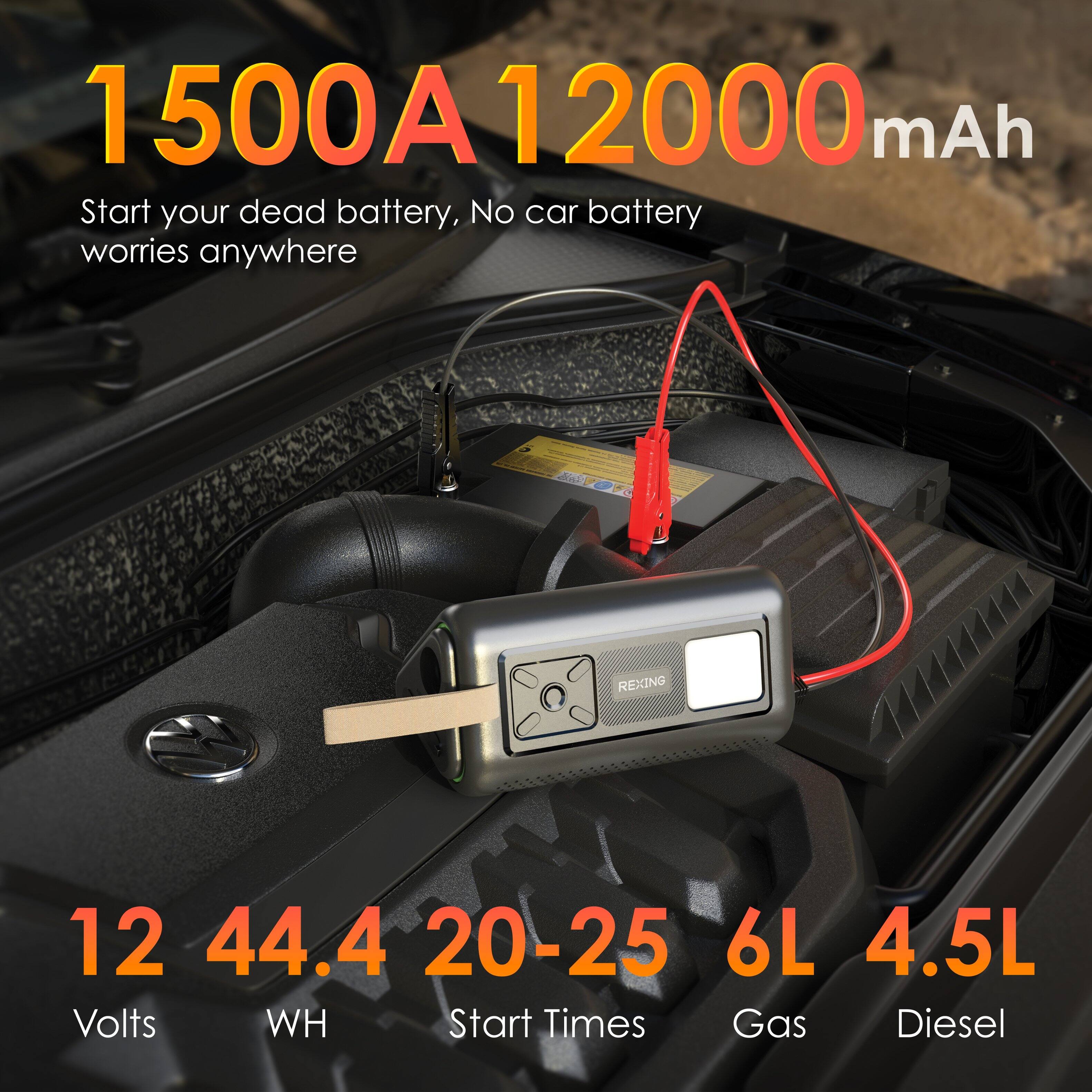 1500A 12000 mAh  
Start your dead battery, No car battery worries anywhere  

12 Volts  
44.4 WH  
20-25 Start Times  
6L Gas  
4.5L Diesel