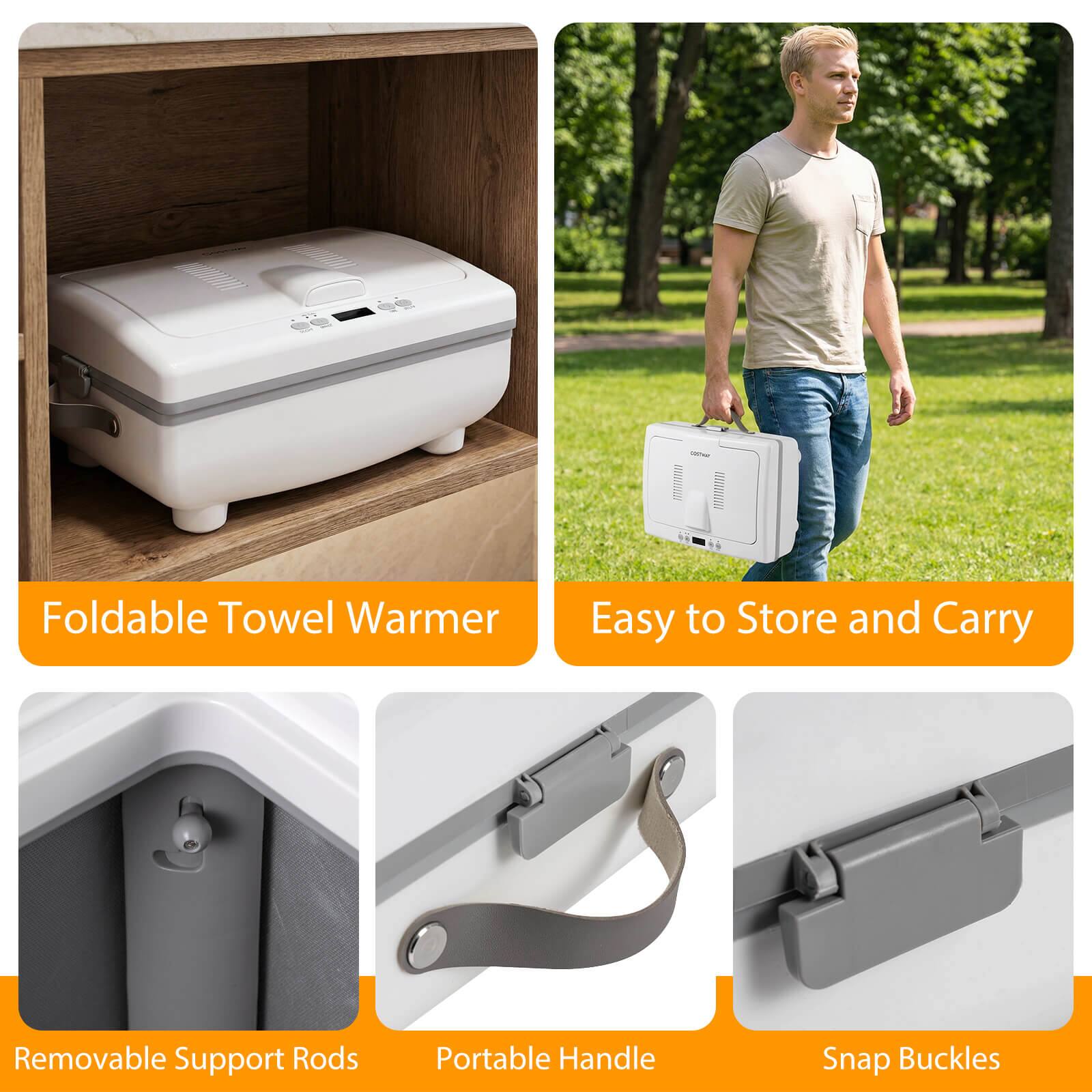 - Foldable Towel Warmer
- Easy to Store and Carry
- Removable Support Rods
- Portable Handle
- Snap Buckles