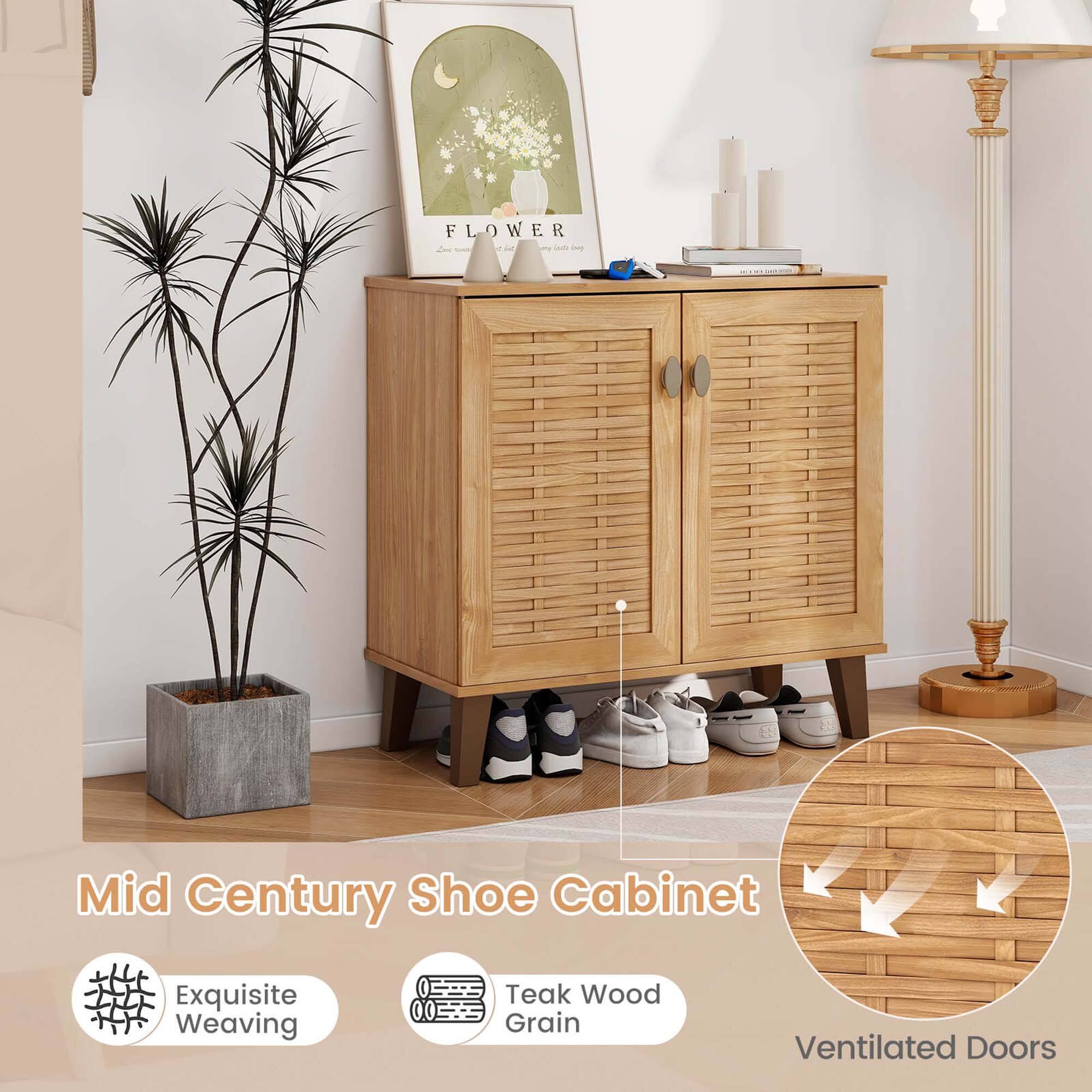The text on the image reads: "Mid Century Shoe Cabinet Exquisite Weaving Teak Wood Grain Ventilated Doors."