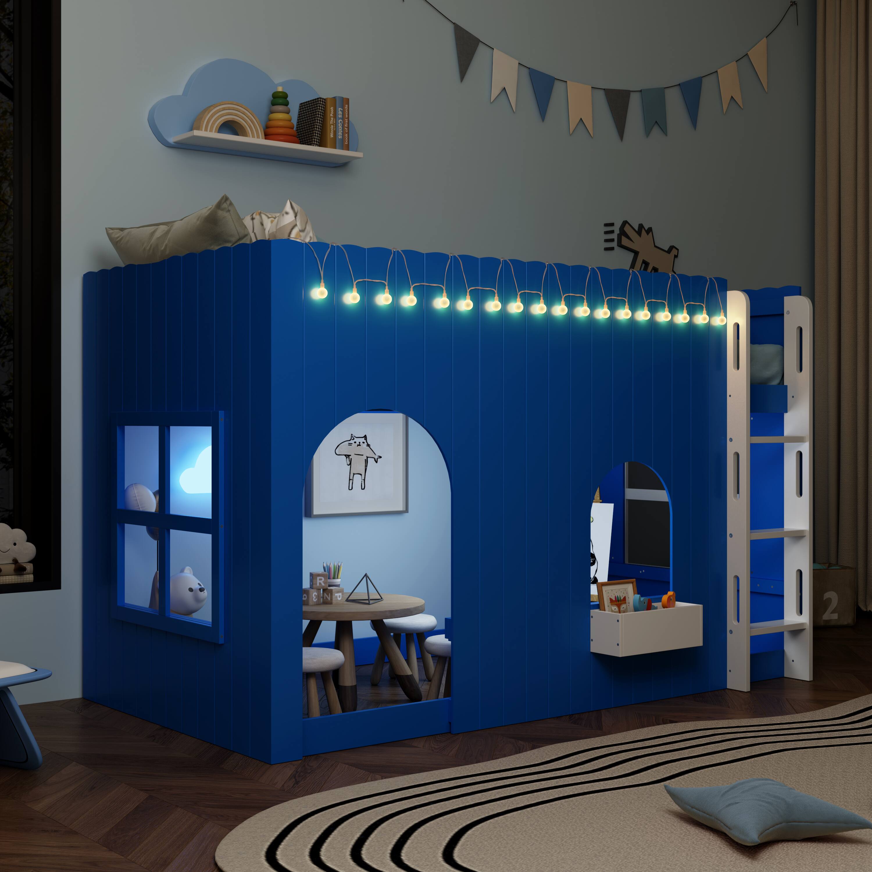 Left. Whisen - Kids Loft Bed with LED Light String,Cottage-Style Play House Bed with Guardrails - Blue.