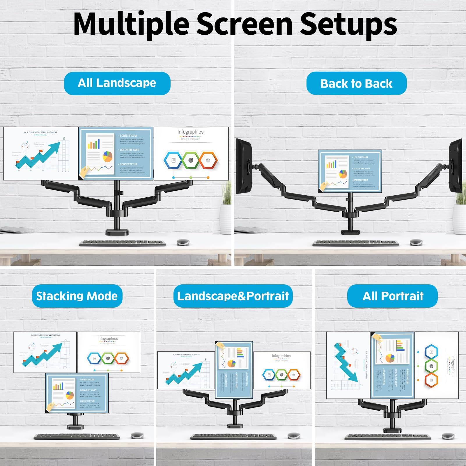 Multiple Screen Setups  
All Landscape Back to Back  
- adde PON Infographics  
- Iemorte  
- C -d - -  
- Stacking Mode Landscape&Portrait  
- All Portrait  
- Infographics