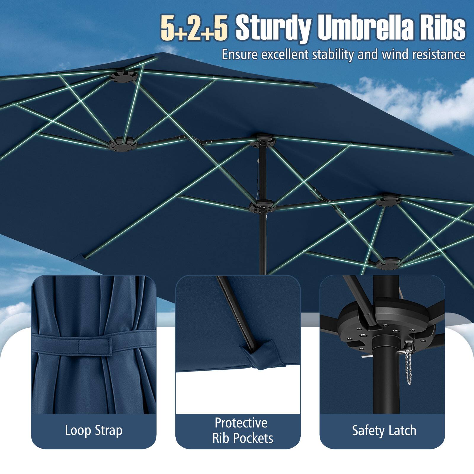 5+2+5 Sturdy Umbrella Ribs Ensure excellent stability and wind resistance Loop Strap Protective Rib Pockets Safety Latch