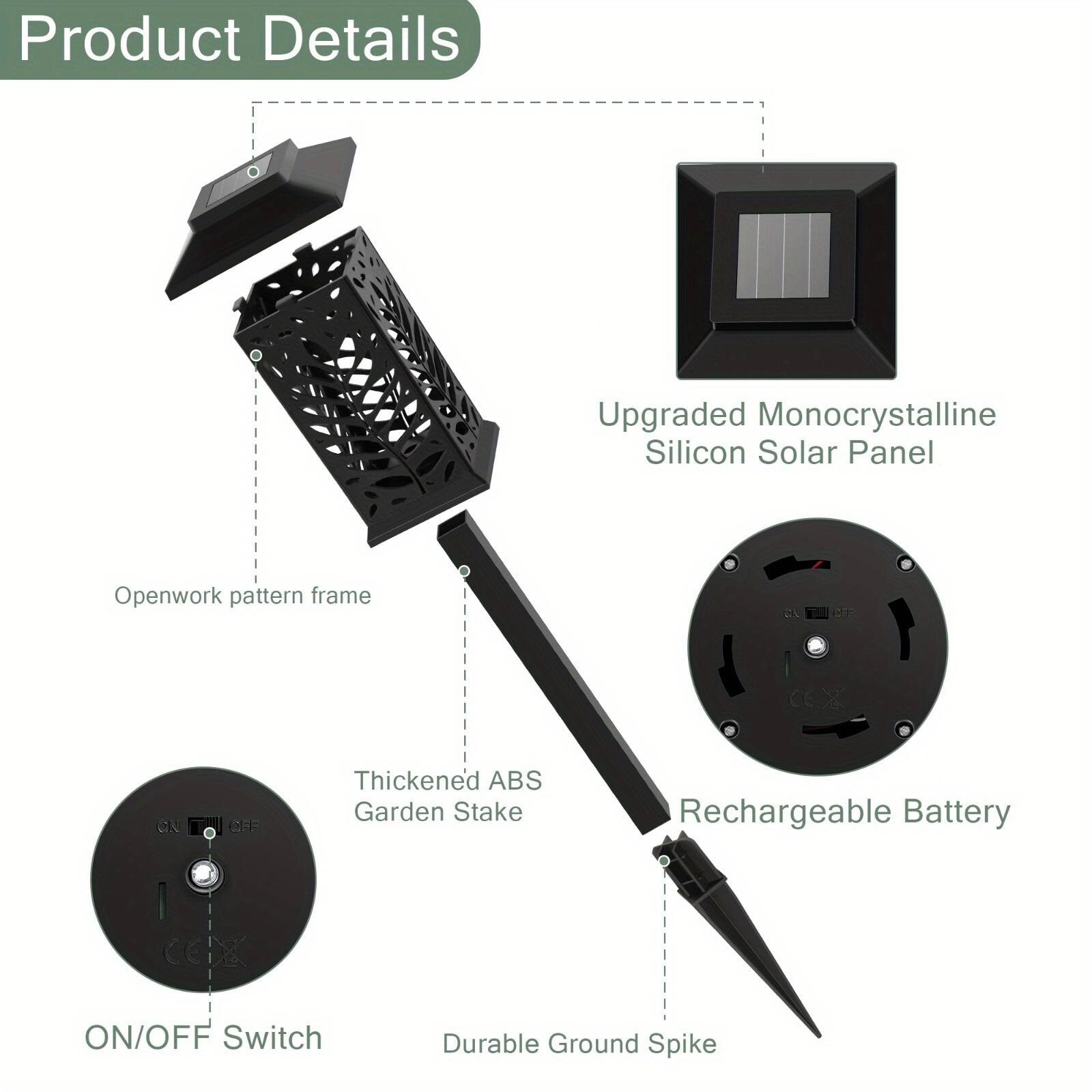 Product Details

- Upgraded Monocrystalline Silicon Solar Panel
- Openwork pattern frame
- Thickened ABS Garden Stake
- Rechargeable Battery
- ON/OFF Switch
- Durable Ground Spike