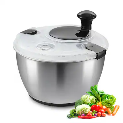 Front. VEVOR - Stainless Steel Salad Spinner, 4.75Qt, One-handed Easy Press Large Vegetable Dryer Washer, Lettuce Cleaner and Dryer - Silver.